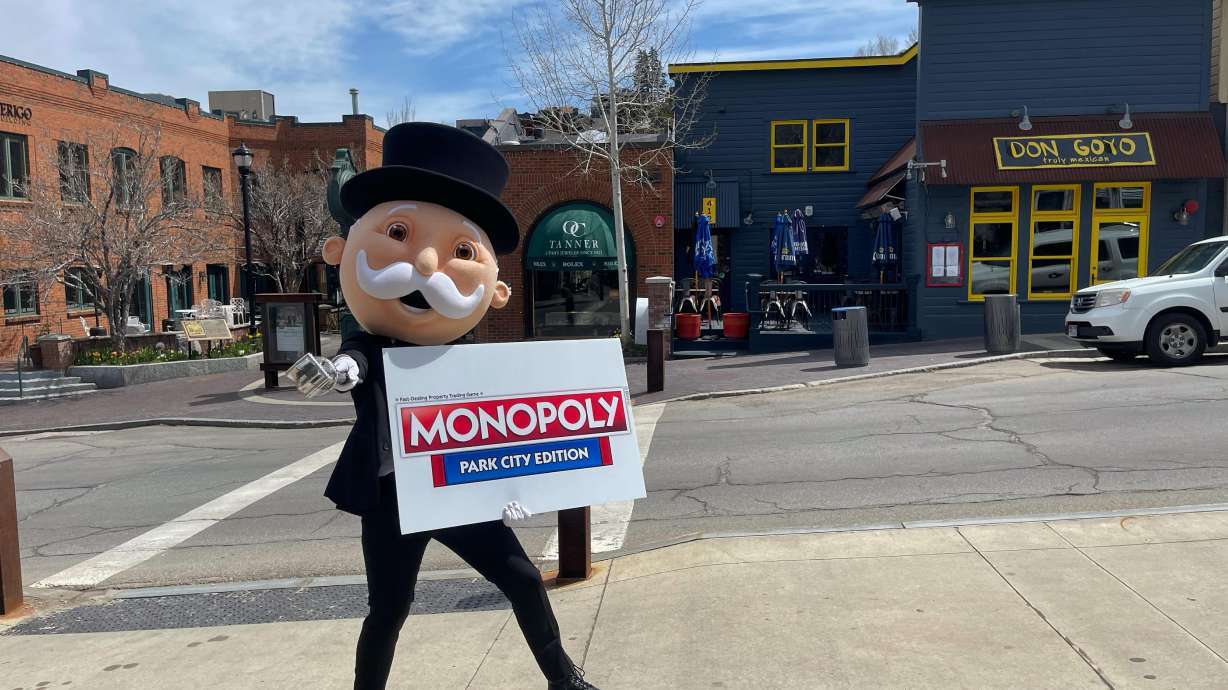 Rich Uncle Pennybags, also known as Mr. Monopoly, stands on a Park City sidewalk on May 9, 2023. After months of anticipation, Top Trumps USA on Thursday announced it has released the Park City Edition of Monopoly.