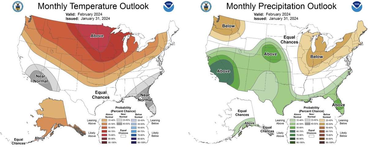 These maps show the temperature and precipitation probabilities for the U.S. for the month of February. Most of Utah has a greater chance for warmer and wetter than normal conditions this month.