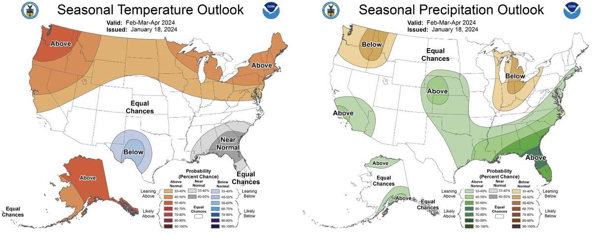 These maps show the temperature and precipitation probabilities for the U.S. for the months of February, March and April combined.
