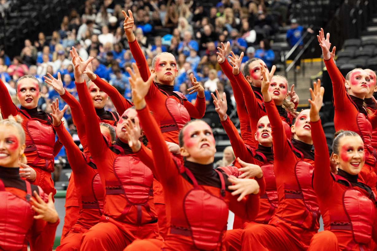 Davis High School’s drill team competes during the 6A state drill team championships at the UCCU Center in Orem on Friday, Feb. 2, 2024.