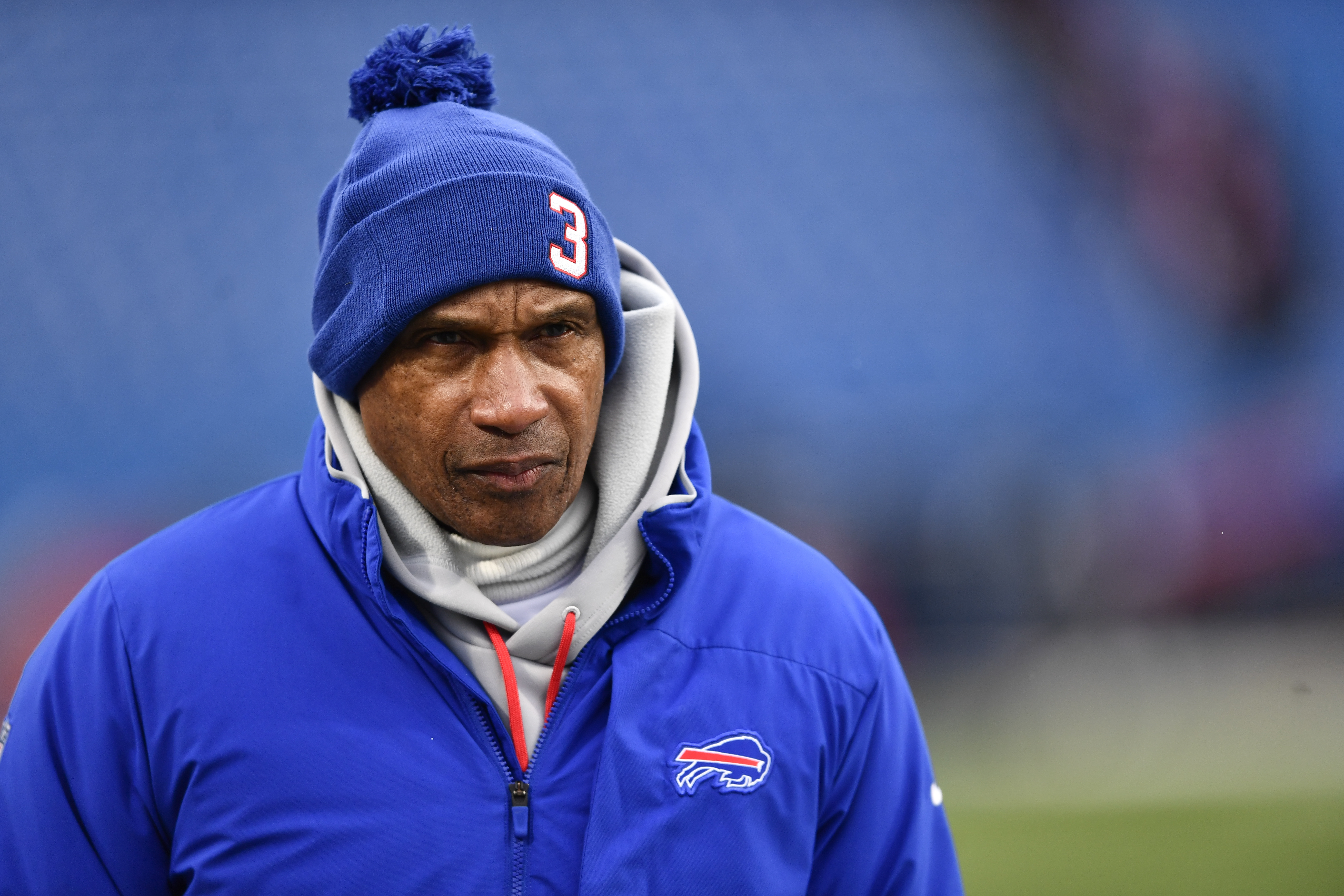 FILE -Buffalo Bills defensive coordinator Leslie Frazier wears the number 3 in support of safety Damar Hamlin during practice before an NFL football game against the New England Patriots, Sunday, Jan. 8, 2023, in Orchard Park, N.Y. Veteran NFL coach Leslie Frazier is expected to join the Seattle Seahawks as an associate head coach, two people with knowledge of the hire told The Associated Press on Friday, Feb. 2, 2024.