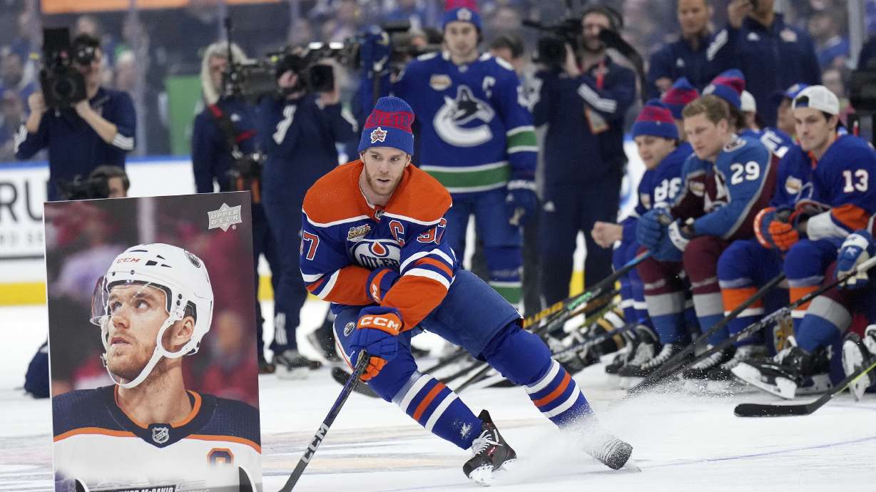 Edmonton Oilers' Connor McDavid navigates the course during the NHL All-Star hockey skills competition's stick handling section, in Toronto, Friday, Feb. 2, 2024.