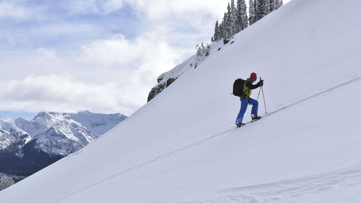 Doug Chabot with the Gallatin National Forest Avalanche Center ascends Henderson Mountain in the Beartooth Mountains, Jan 29, 2024 near Cooke City, Mont. Chabot was climbing to the site of a recent avalanche.