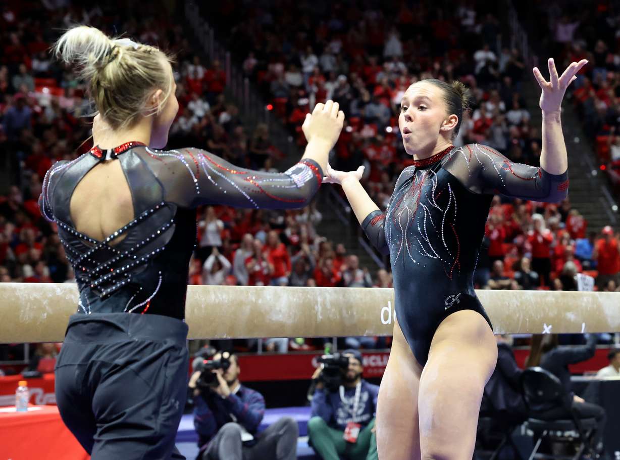 Utah’s Maile O'Keefe reacts after finishing a 10.0 beam routine as the Utah Red Rocks compete against Oregon State in a gymnastics meet at the Huntsman Center in Salt Lake City on Friday, Feb. 2, 2024. Utah won.