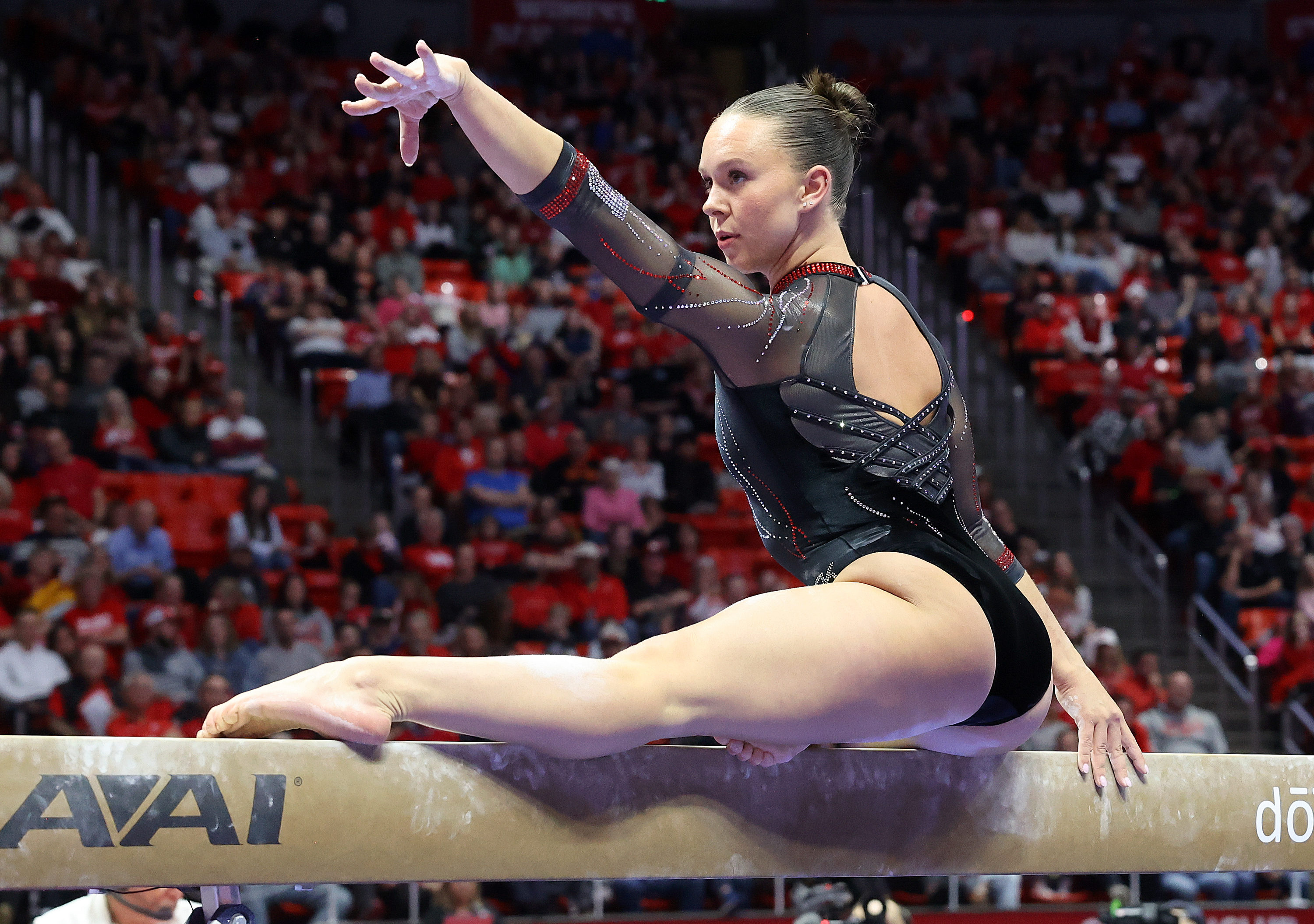 Utah’s Maile O'Keefe does a 10.0 beam routine as the Utah Red Rocks compete against Oregon State in a gymnastics meet at the Huntsman Center in Salt Lake City on Friday, Feb. 2, 2024. Utah won.