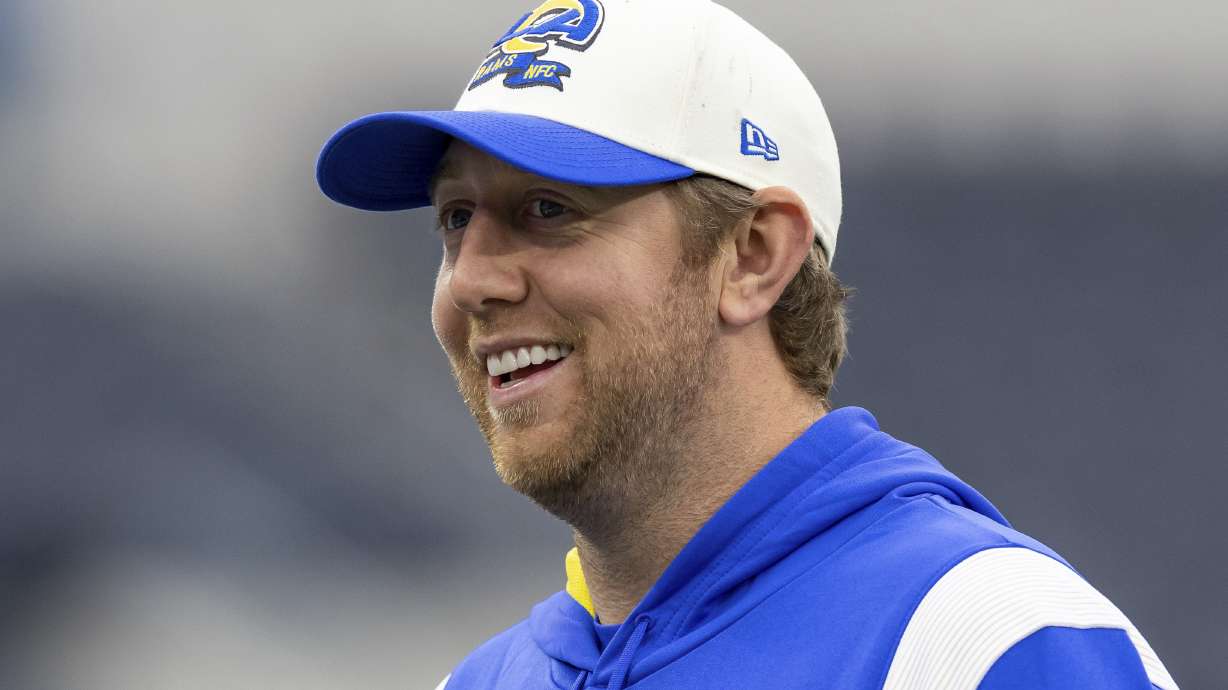 FILE - Los Angeles Rams offensive coordinator Liam Coen looks on before an NFL football game against the Seattle Seahawks, Sunday, Dec. 4, 2022, in Inglewood, Calif. The Tampa Bay Buccaneers have agreed to hire Coen to be their offensive coordinator, a person familiar with the decision told The Associated Press, Saturday, Feb. 3, 2024.