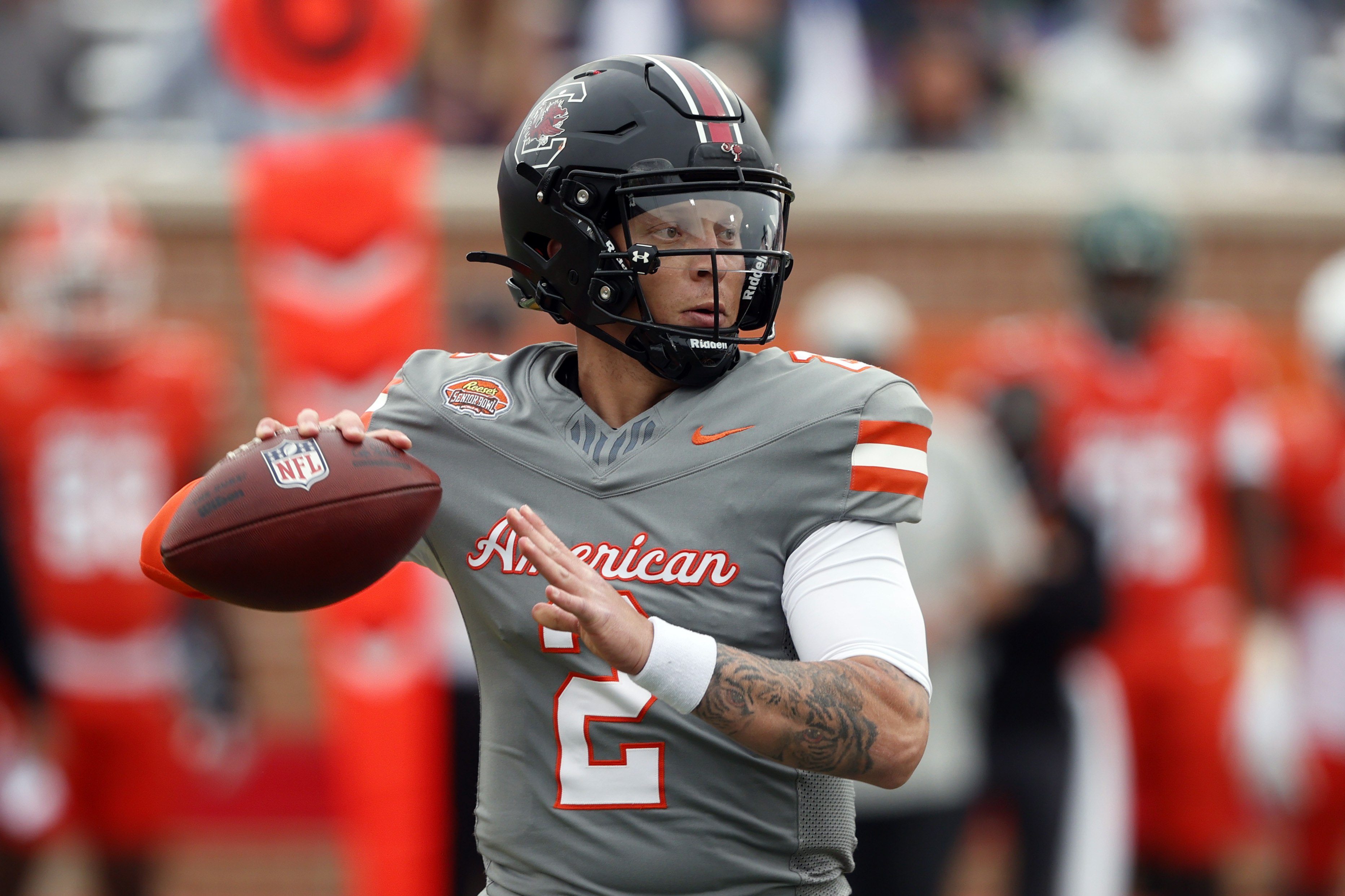 American quarterback Spencer Rattler of South Carolina throws a pass during the first half of the Senior Bowl NCAA college football game, Saturday, Feb. 3, 2024, in Mobile, Ala. 