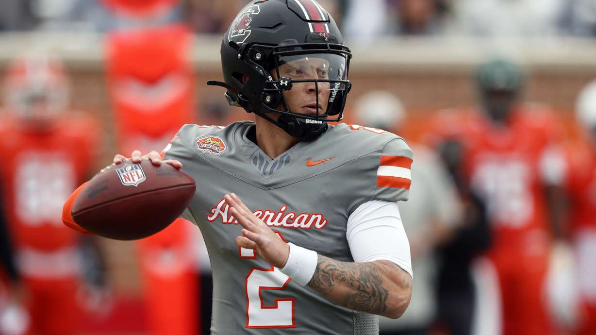 American quarterback Spencer Rattler of South Carolina throws a pass during the first half of the Senior Bowl NCAA college football game, Saturday, Feb. 3, 2024, in Mobile, Ala.