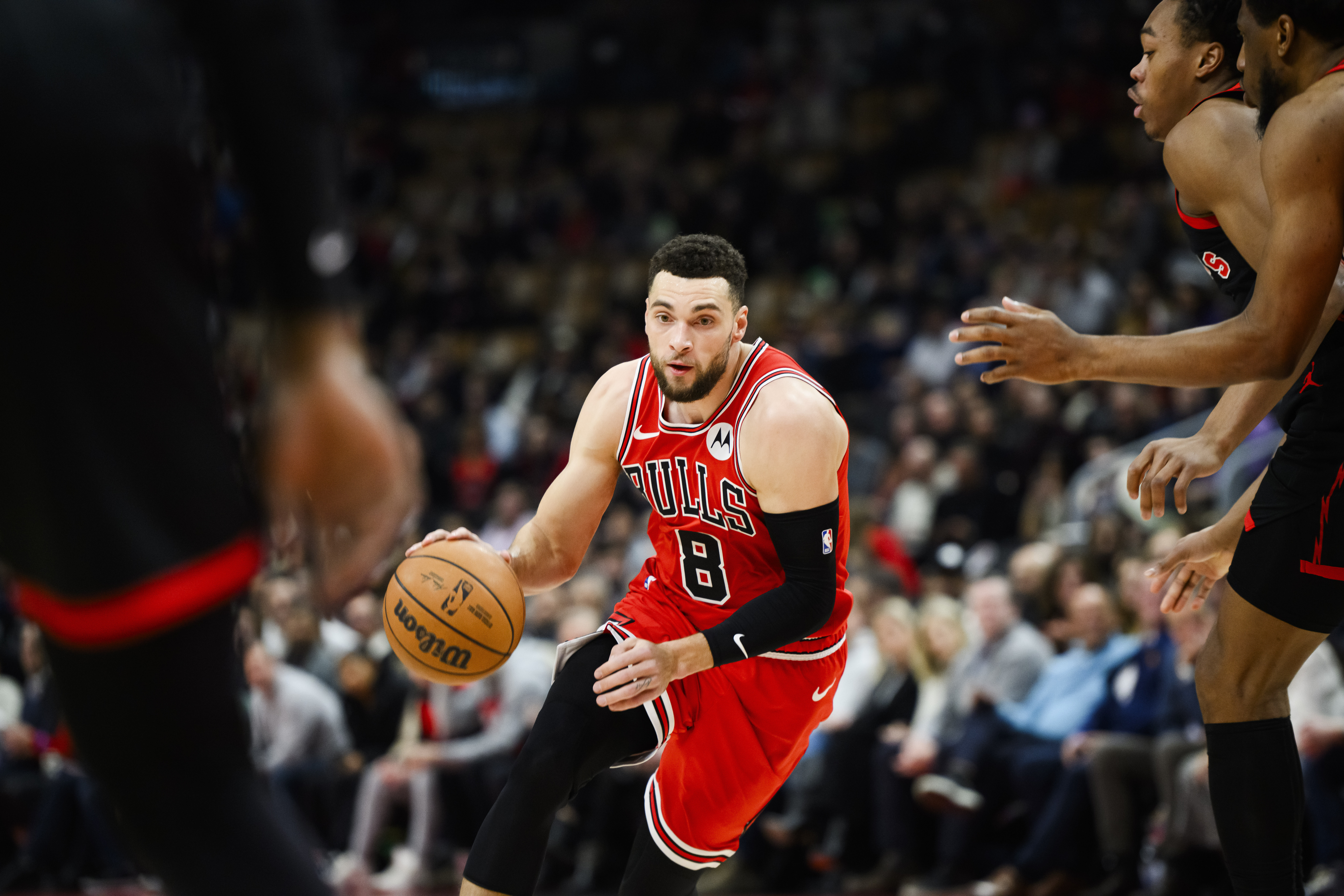 Chicago Bulls guard Zach LaVine (8) drives towards the basket during the first half of the team's NBA basketball game against the Toronto Raptors on Thursday, Jan. 18, 2024, in Toronto. 