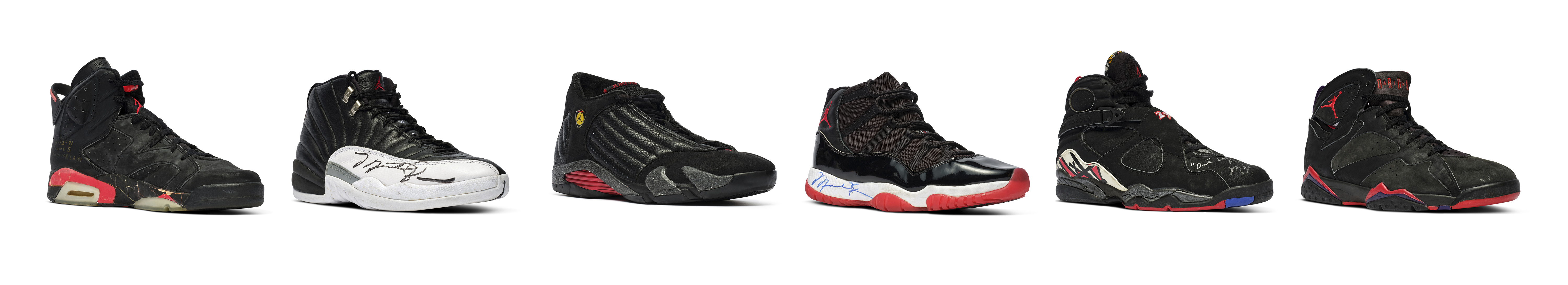 This image provided by Sotheby's shows a collection of sneakers dubbed the "Dynasty Collection" that superstar Michael Jordan wore as he and the Chicago Bulls won six NBA championships. The collection fetched $8 million at auction, Friday, Feb. 2, 2024, setting a new record for game-worn sneakers, Sotheby's said.