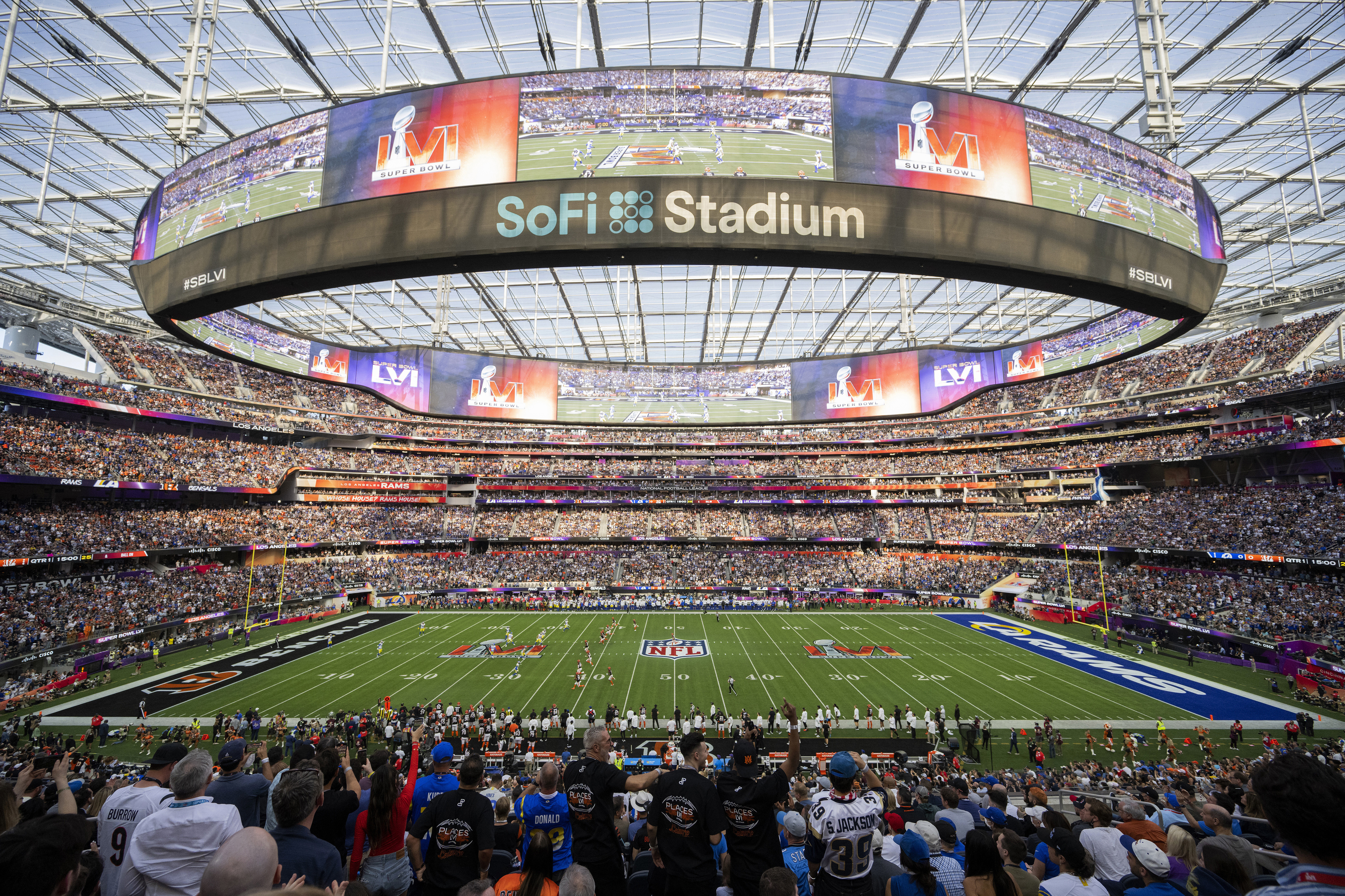 FILE - A general view of the interior of SoFi Stadium during Super Bowl 56 football game between the Los Angeles Rams and the Cincinnati Bengals Sunday, Feb. 13, 2022, in Inglewood, Calif. The 2026 World Cup final will be played at MetLife Stadium in East Rutherford, N.J., on July 19. FIFA made the announcement Sunday, Feb. 4, 2024, at a Miami television studio, allocating the opener of the 39-day tournament to Mexico City’s Estadio Azteca on June 11. Quarterfinals will be at Gillette Stadium in Foxborough, Mass., on July 9, at SoFi Stadium in Inglewood, Calif., the following day and at Arrowhead Stadium in Kansas City, Mo., and Hard Rock Stadium in Miami Gardens, Fla., on July 11. 