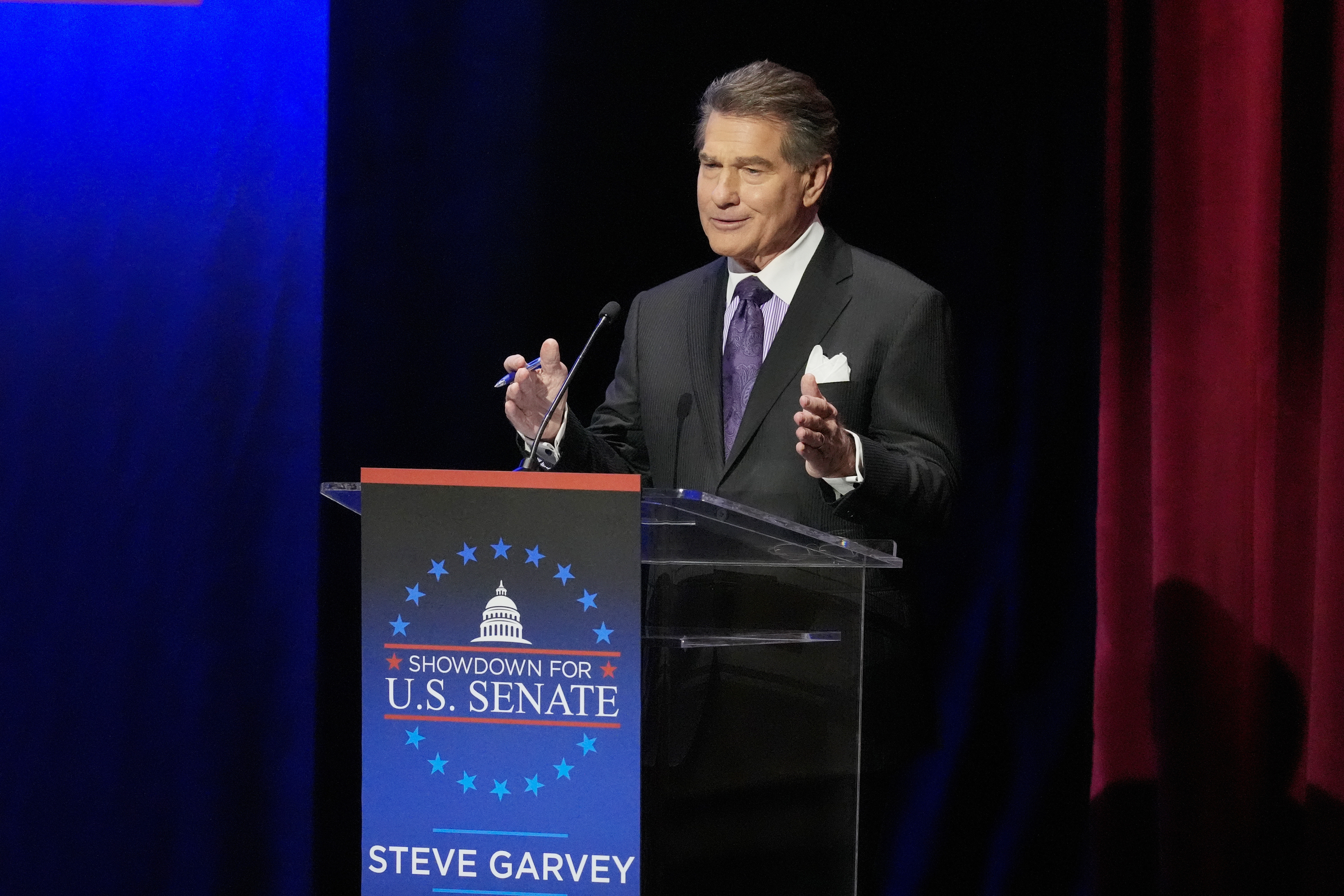 FILE - Former baseball player Steve Garvey speaks during a televised debate for candidates in the senate race to succeed the late California Sen. Dianne Feinstein on Jan. 22, 2024, in Los Angeles.