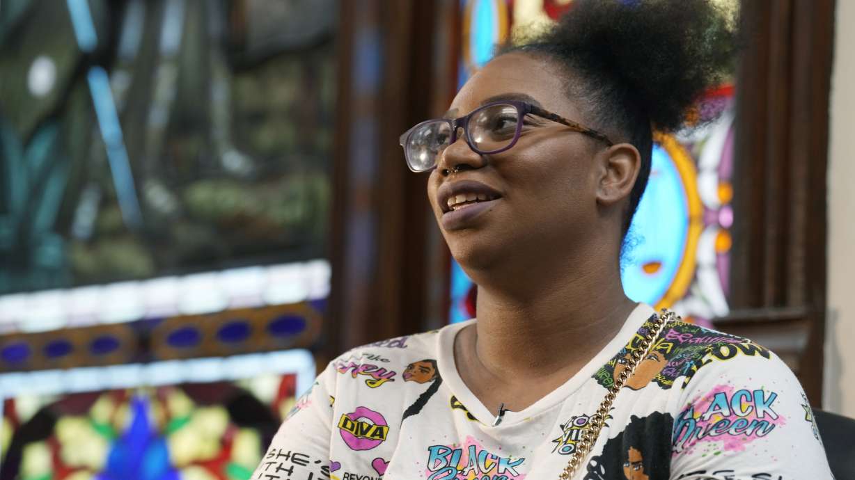 Brittany Gilliam speaks on Aug. 18, 2023, in downtown Denver. Gilliam's attorney announced on Monday that a deal has been struck with the city of Aurora, Colo.