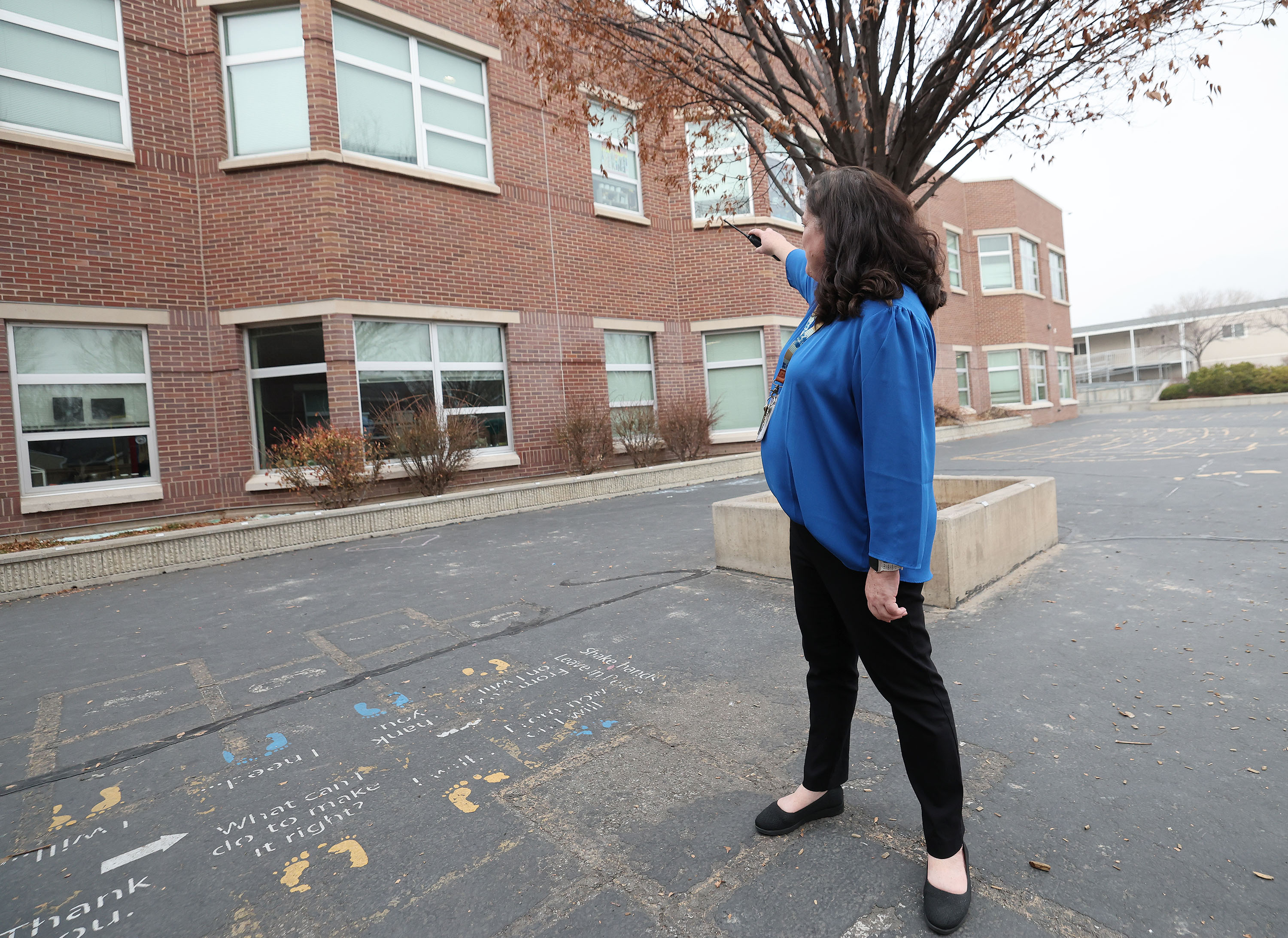 Bonneville Elementary School Principal Karen Holman talks about hate vandalism at the school in Salt Lake City on Dec. 18, 2023. Police said Monday they believe they know who is responsible for graffiti.