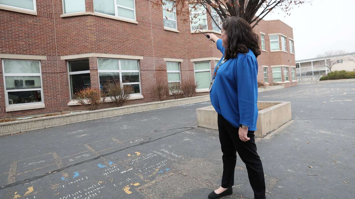 Bonneville Elementary School Principal Karen Holman talks about hate vandalism at the school in Salt Lake City on Dec. 18, 2023. Police said Monday they believe they know who is responsible for graffiti.