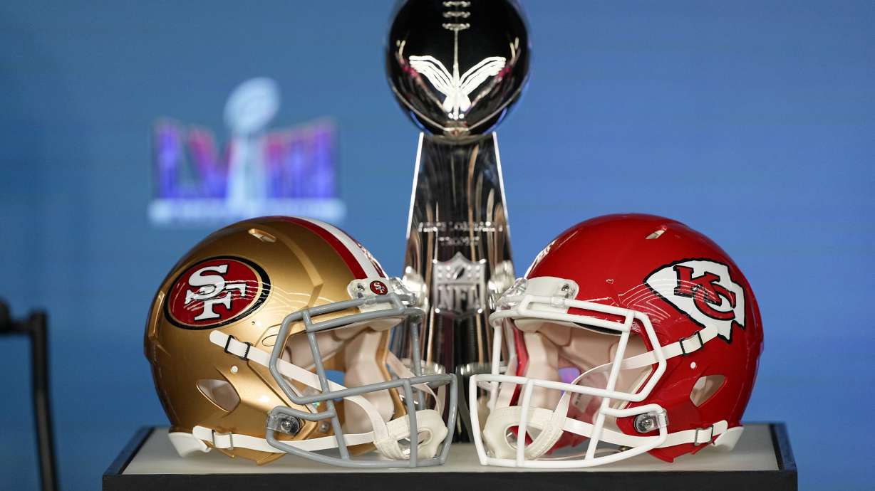 The trophy and helmets are on display ahead of NFL football commissioner Roger Goodell Super Bowl 58 news conference, Monday, Feb. 5, 2024, in Las Vegas. The San Francisco 49ers face the Kansas City Chiefs in Super Bowl 58 on Sunday.