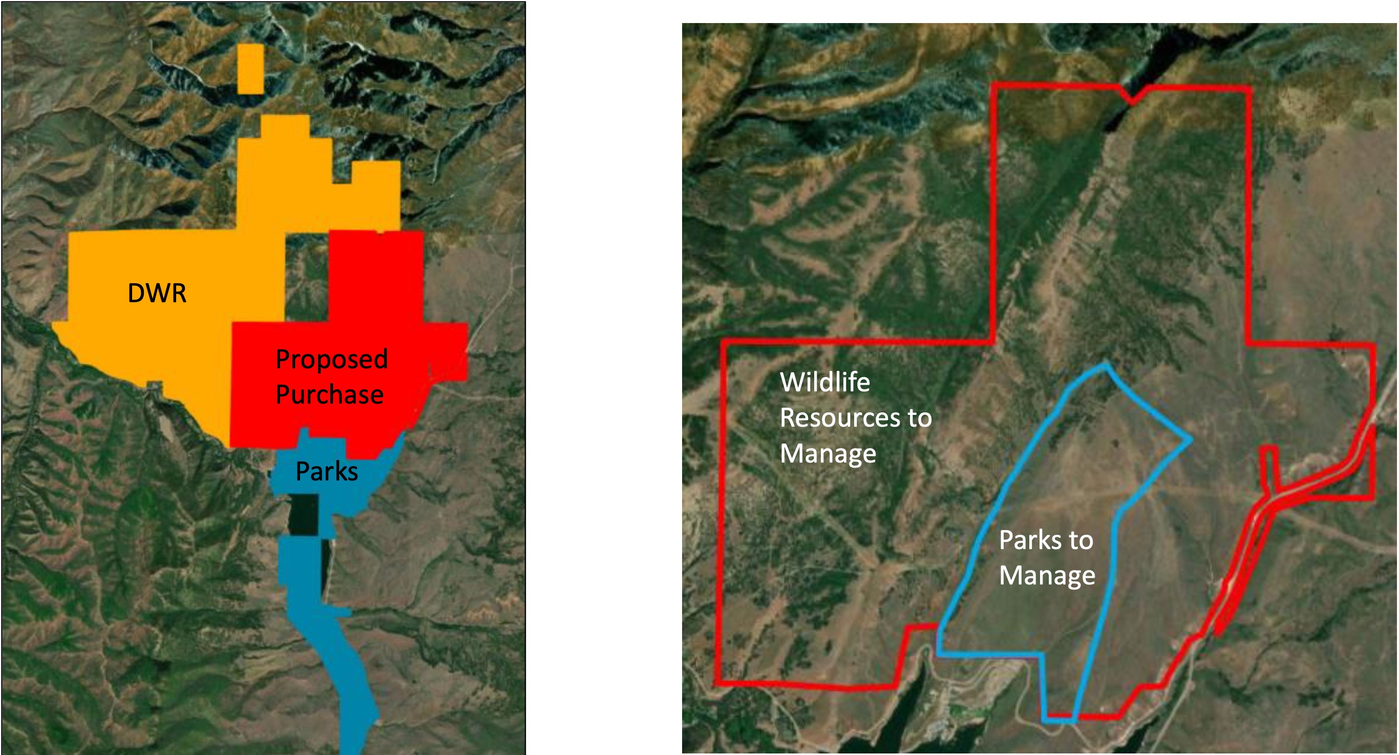 Left, a map of where the property up for purchase is located in relation to land owned by the Utah Division of Wildlife Resource and Utah Division of State Parks. Right, estimating how the land would be split up by the two divisions.