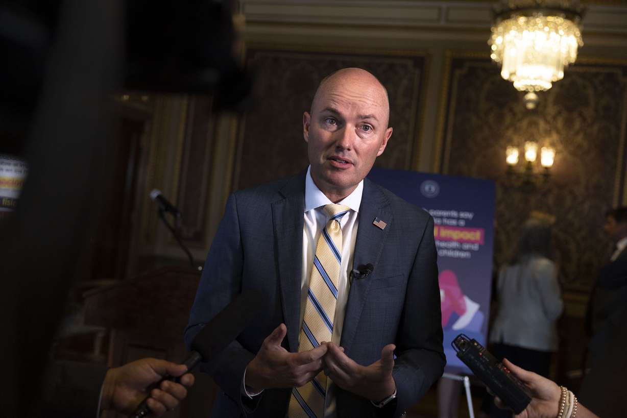 Gov. Spencer Cox announces the launch of a new public awareness campaign urging parents to learn about the harms social media has on youth at the Capitol in Salt Lake City on Aug. 3, 2023.