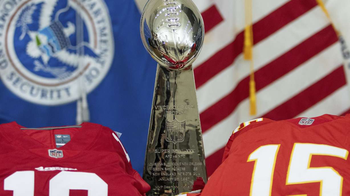 Counterfeit Super Bowl merchandise is displayed during a news conference on Monday, Feb. 5, 2024, in Las Vegas. Federal and local officials said they're taking steps to crimp counterfeiting, ground drones and curb human trafficking during Super Bowl week in Las Vegas.