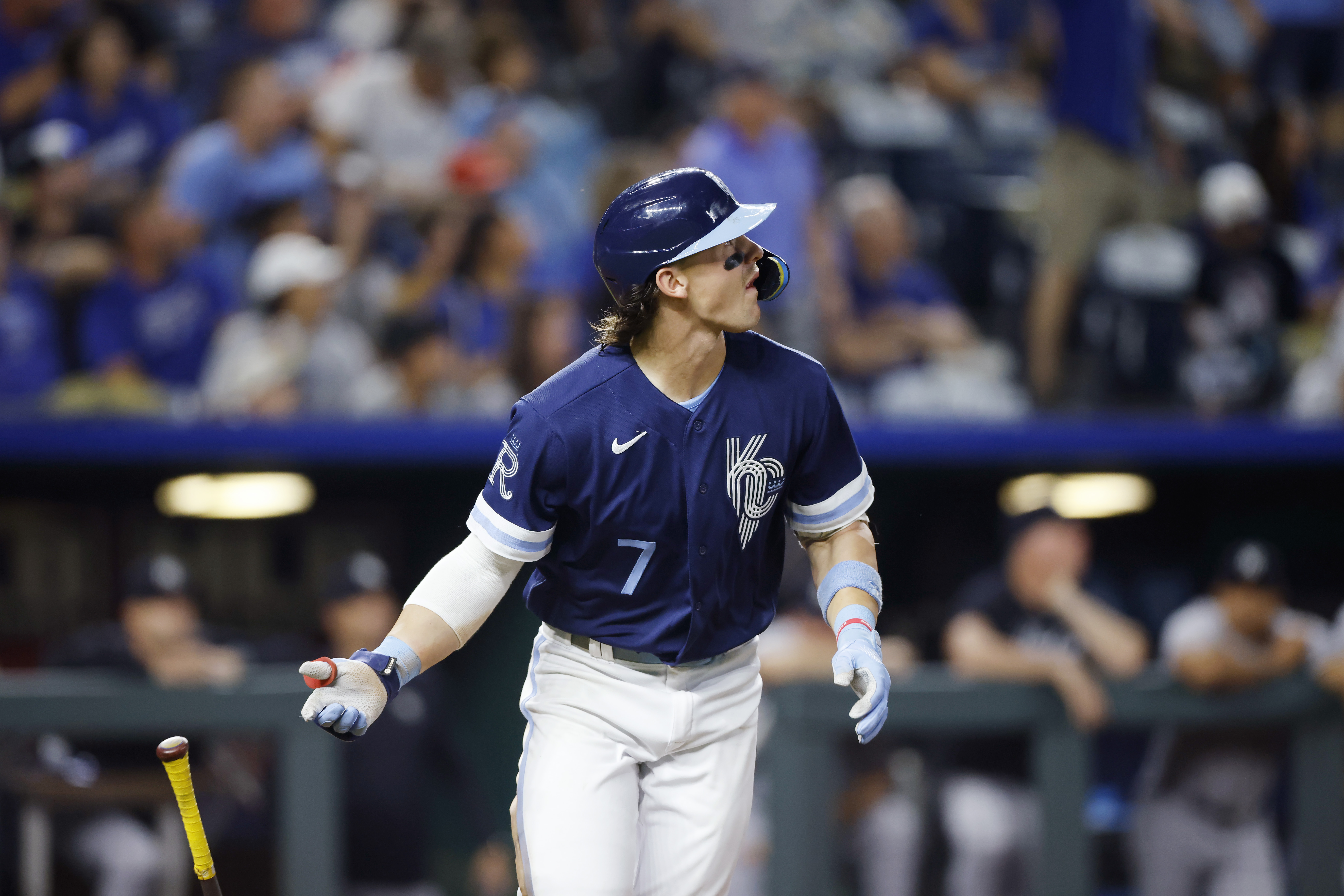 FILE - Kansas City Royals' Bobby Witt Jr. watches his two-run home run against the New York Yankees during the seventh inning of a baseball game in Kansas City, Mo., Friday, Sept. 29, 2023. The Kansas City Royals and shortstop Bobby Witt Jr. agreed Monday to the longest contract in franchise history, an 11-year pact that includes three years of team options that could keep the rising star with the ballclub through the 2037 season.