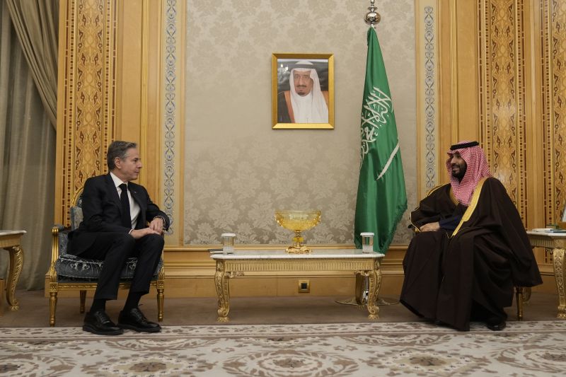 U.S. Secretary of State Antony Blinken meets with Saudi Arabia's Crown Prince Mohammed bin Salman in Riyadh, Saudi Arabia, Monday.
