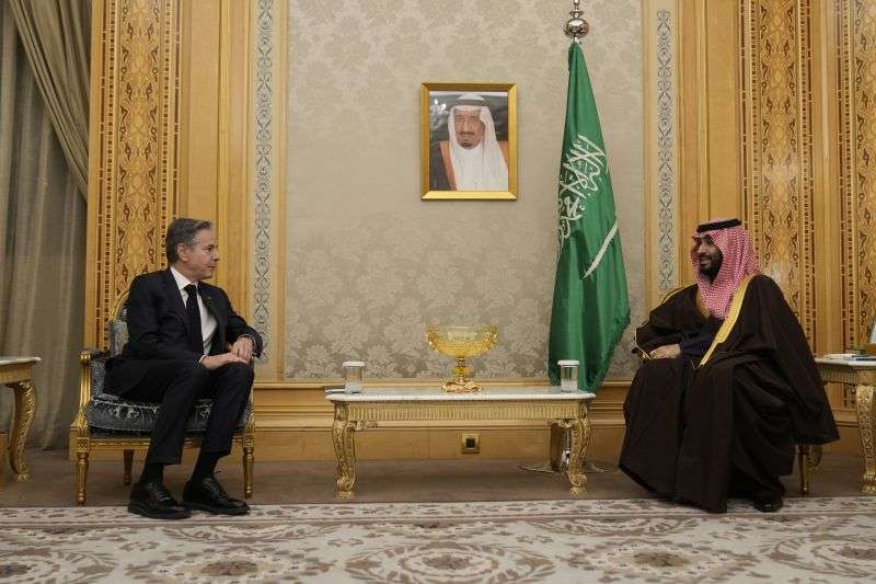U.S. Secretary of State Antony Blinken meets with Saudi Arabia's Crown Prince Mohammed bin Salman in Riyadh, Saudi Arabia, Monday.