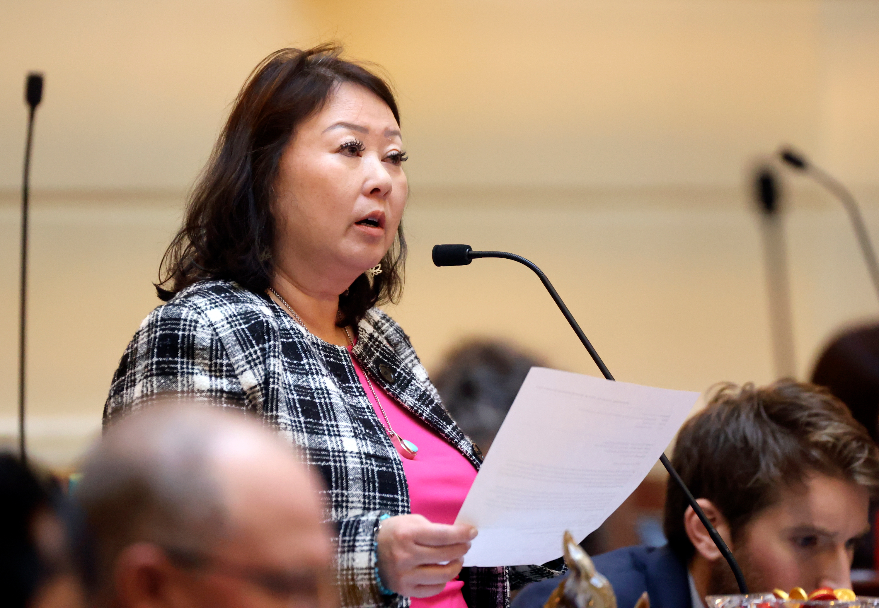 Sen. Karen Kwan, D-Murray, talks about HB261 Equal Opportunity Initiatives in the Senate chamber at the Capitol in Salt Lake City on Jan. 24. She is sponsoring a measure to honor native Hawaiian and Pacific Islander communities in Utah, SJR9.