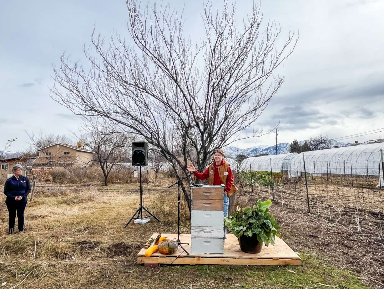 Georgina Griffith-Yates, executive director of the Wasatch Community Gardens, speaks near Utah Open Lands executive director Wendy Fisher during an event Tuesday morning at a farm the organization recently acquired in Salt Lake City's Glendale neighborhood.