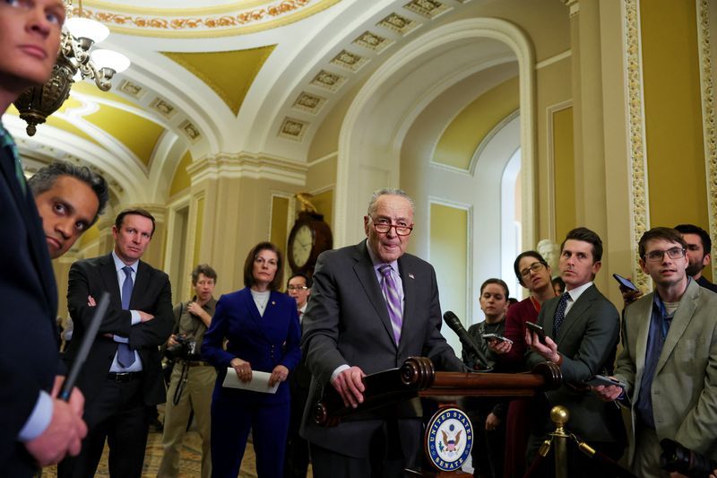 Senate Majority Leader Chuck Schumer, D-N.Y., listens to questions during the weekly Democratic Caucus lunch press conference at the U.S. Capitol building in Washington, Tuesday.
