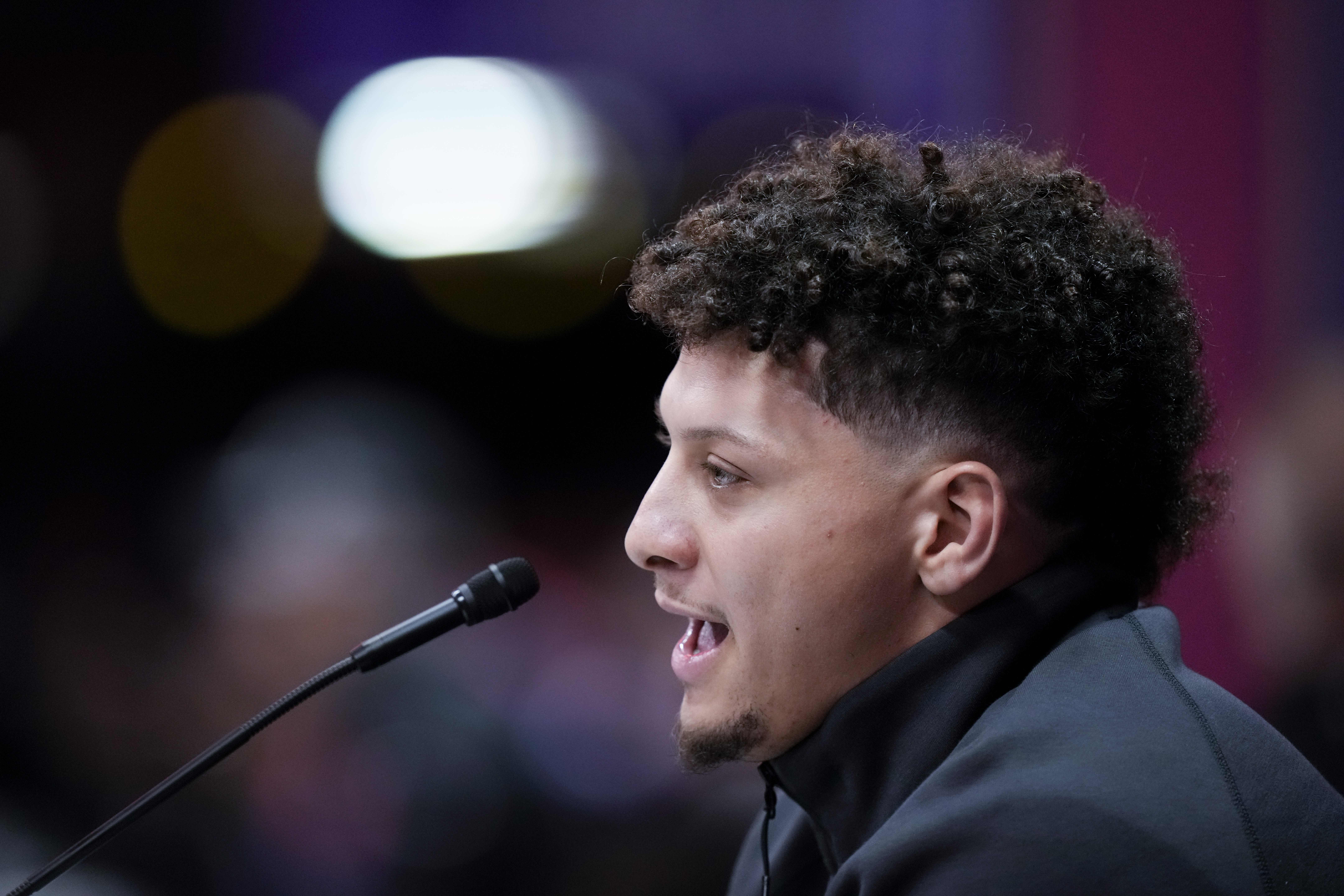 Kansas City Chiefs quarterback Patrick Mahomes speaks to the media during NFL football Super Bowl 58 opening night Monday, Feb. 5, 2024, in Las Vegas. The San Francisco 49ers face the Kansas City Chiefs in Super Bowl 58 on Sunday.