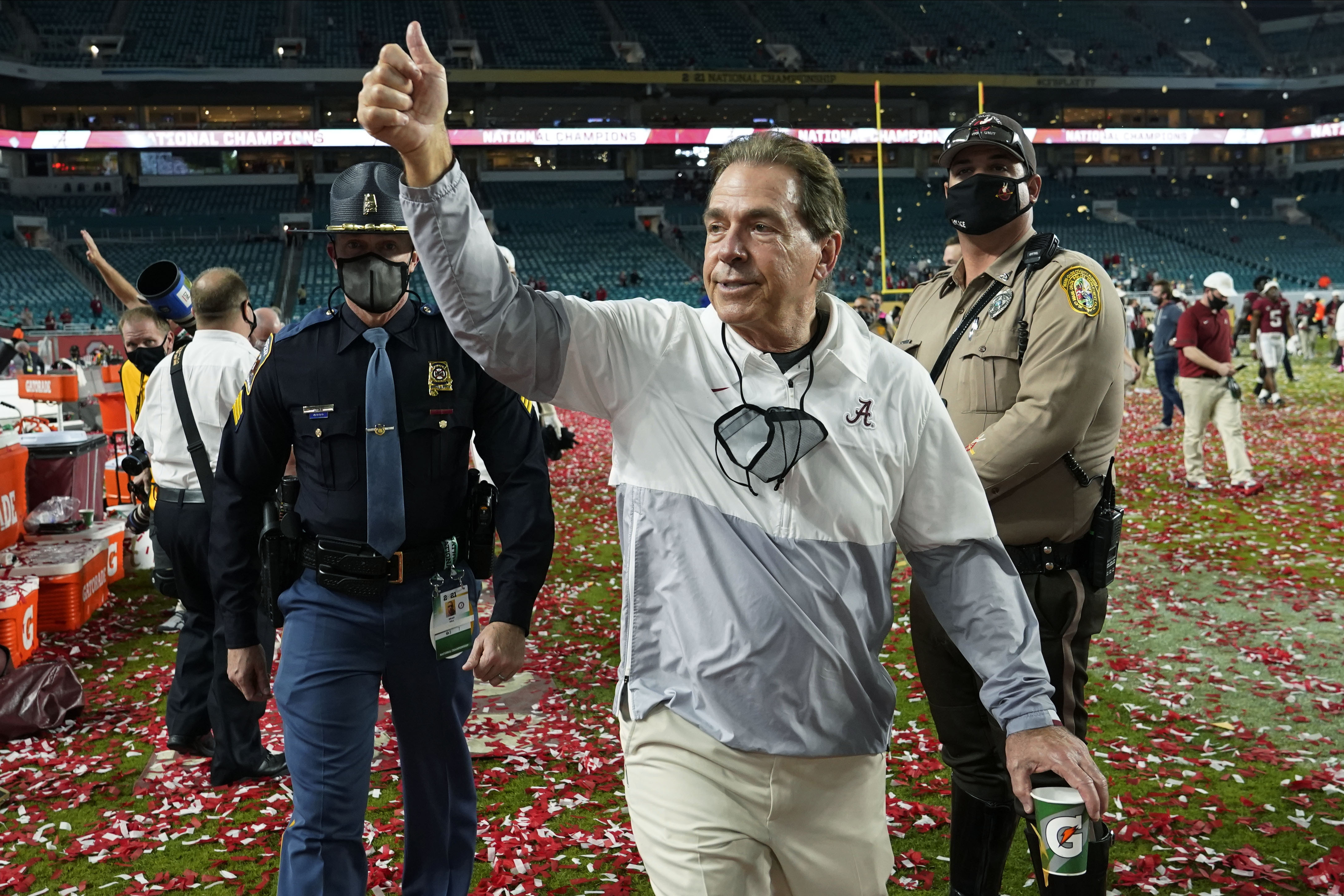 FILE - Alabama head coach Nick Saban leaves the field after their win against Ohio State in an NCAA College Football Playoff national championship game, Tuesday, Jan. 12, 2021, in Miami Gardens, Fla. Nick Saban, the stern coach who won seven national championships and turned Alabama back into a national powerhouse that included six of those titles in just 17 seasons, is retiring, according to multiple reports, Wednesday, Jan. 10, 2024. 