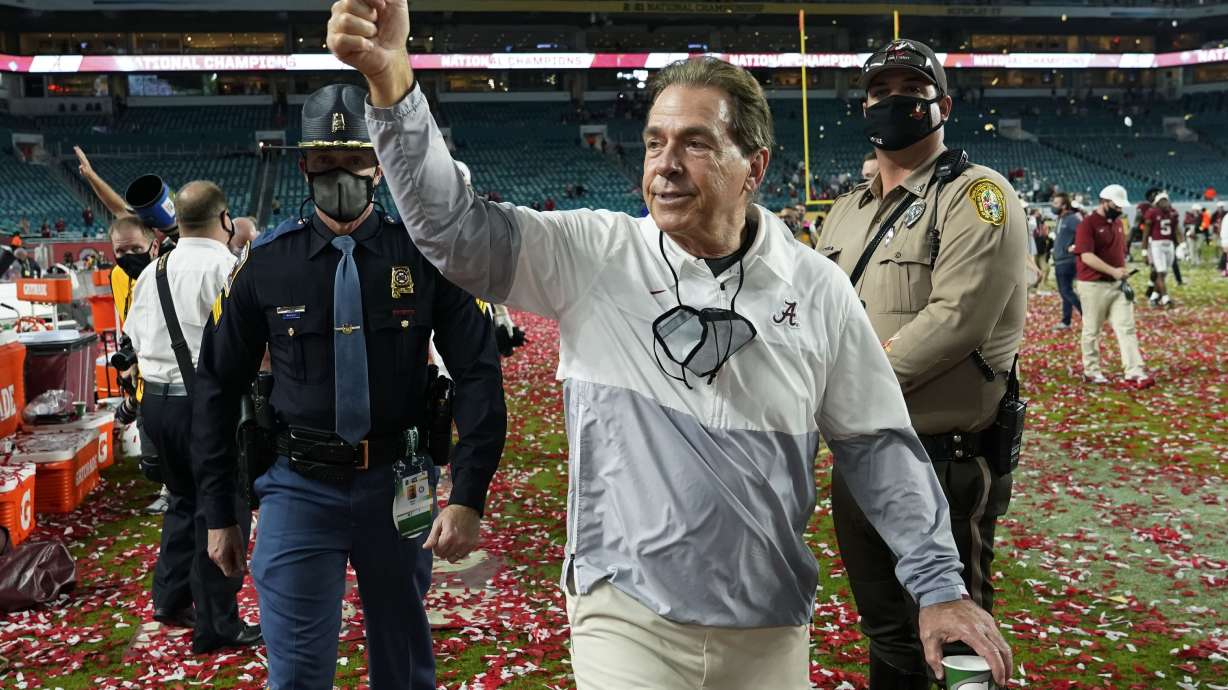 FILE - Alabama head coach Nick Saban leaves the field after their win against Ohio State in an NCAA College Football Playoff national championship game, Tuesday, Jan. 12, 2021, in Miami Gardens, Fla. Nick Saban, the stern coach who won seven national championships and turned Alabama back into a national powerhouse that included six of those titles in just 17 seasons, is retiring, according to multiple reports, Wednesday, Jan. 10, 2024.