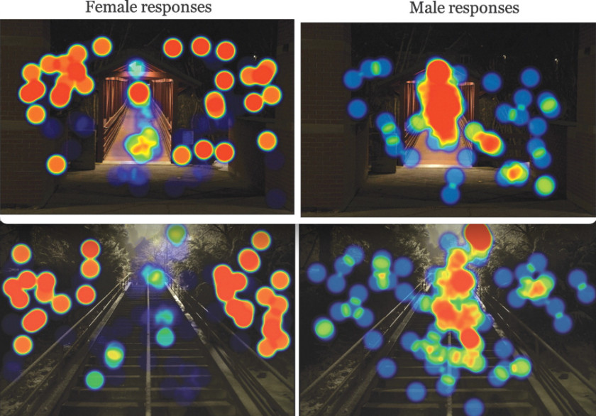 Heat maps show the differences in males' and females' perception of safety in different campus areas.