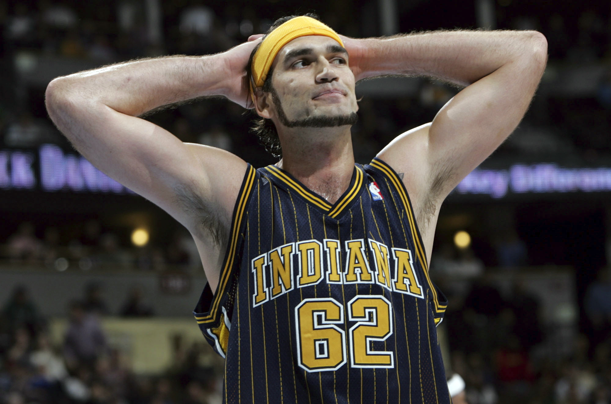FILE - Indiana Pacers center Scot Pollard reacts as time runs out in the Pacers' 96-87 loss to the Denver Nuggets, Thursday, March 3, 2005 in Denver. Pollard was admitted to intensive care this week, where he waits for a heart transplant. He was admitted to intensive care at the Vanderbilt University Medical Center on Tuesday, Feb. 6, 2024 and he will wait there until a donor surfaces who was big enough to be a match.