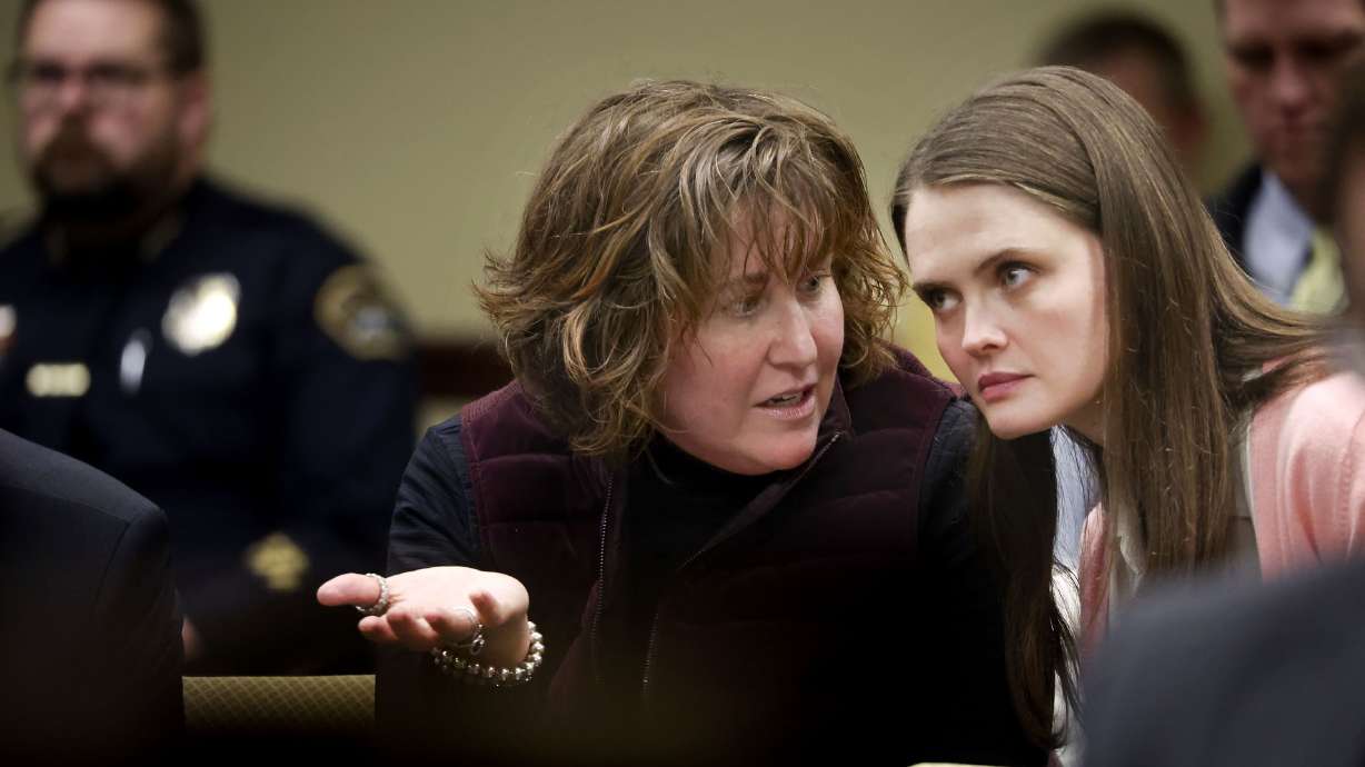 Pamela Vickrey speaks with Rep. Sahara Hayes during a meeting on HB418, which would take victims' perspectives into account when reintegrating student offenders back into the school setting, at the Capitol in Salt Lake City on Wednesday.