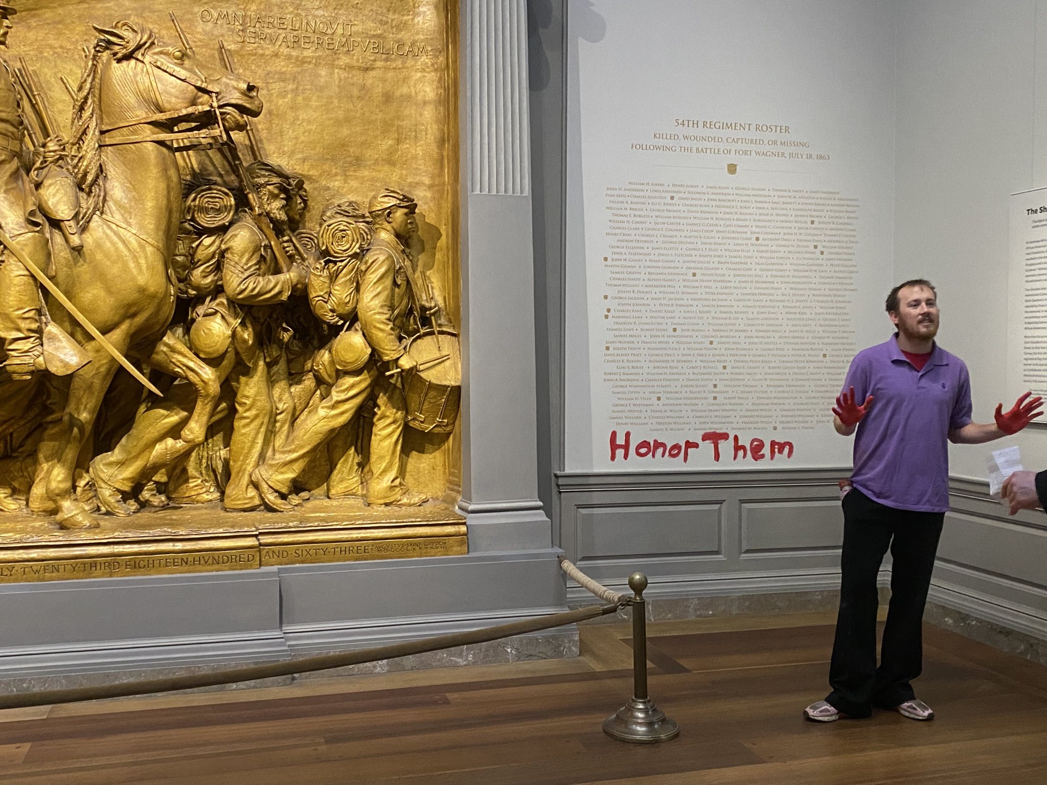 Jackson Green, 27, of Sandy, was taken into custody Tuesday and accused of damaging the Shaw 54th Regiment Memorial in the National Gallery of Art's west building with red paint on Nov. 14, 2023. 