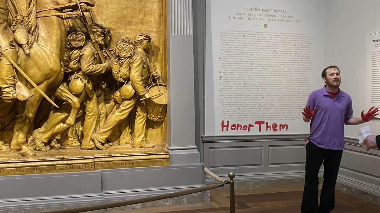 Jackson Green, 27, of Sandy, was taken into custody Tuesday and accused of damaging the Shaw 54th Regiment Memorial in the National Gallery of Art's west building with red paint on Nov. 14, 2023.