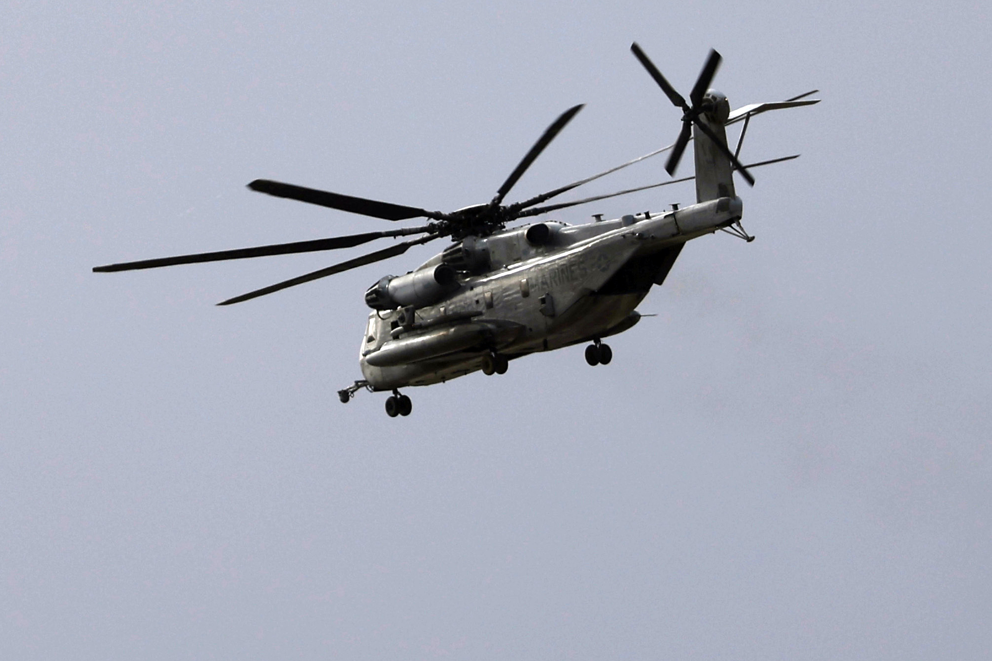 A Marine CH-53E Super Stallion helicopter flies during training at Marine Corps Air Station Miramar in San Diego, Tuesday. U.S. Marines aboard a helicopter that went down in the mountains outside San Deigo are confirmed dead.