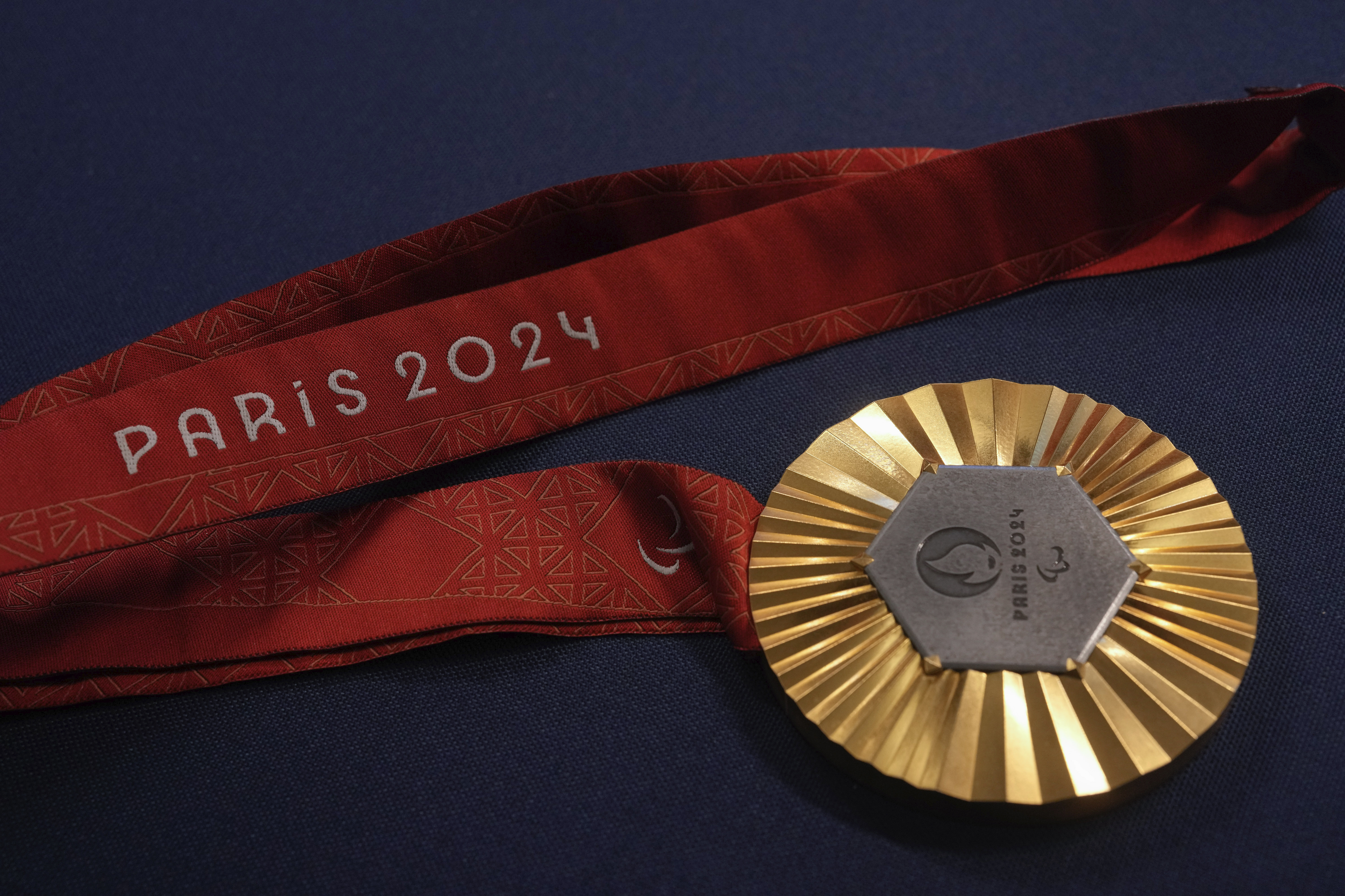 The Paris 2024 Paralympic gold medal is presented to the press, in Paris, Thursday.