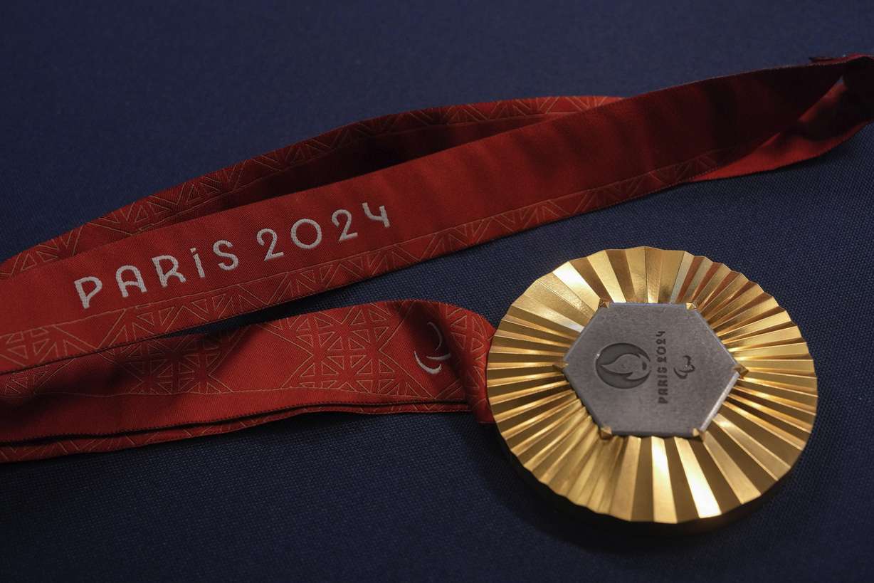 The Paris 2024 Paralympic gold medal is presented to the press, in Paris, Thursday.