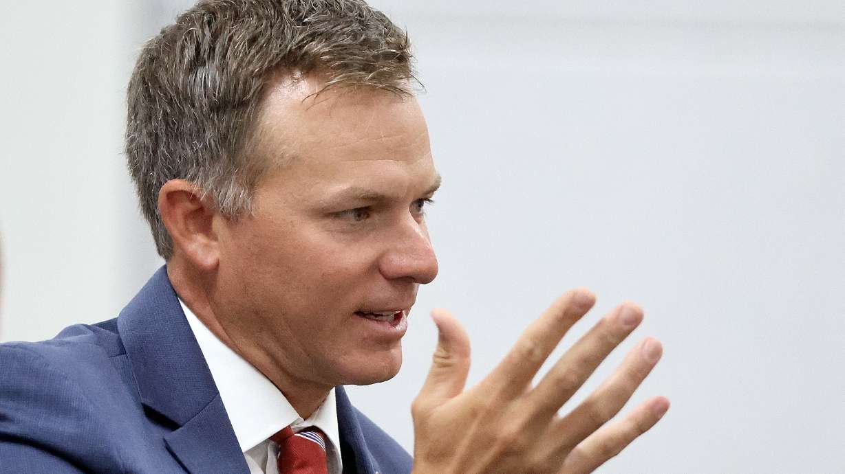 Rep. Blake Moore, R-Utah, speaks at Weber State University in Ogden on Aug. 29, 2023. Moore addressed federal immigration legislation during a meeting with Utah House Democrats Thursday.