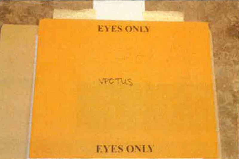 This image, contained in the report from special counsel Robert Hur, shows the envelope labeled "Eyes Only" with a handwritten note reading "VPOTUS," which contained classified documents that were found in Box 3 of documents housed at the Penn Biden Center in Washington.