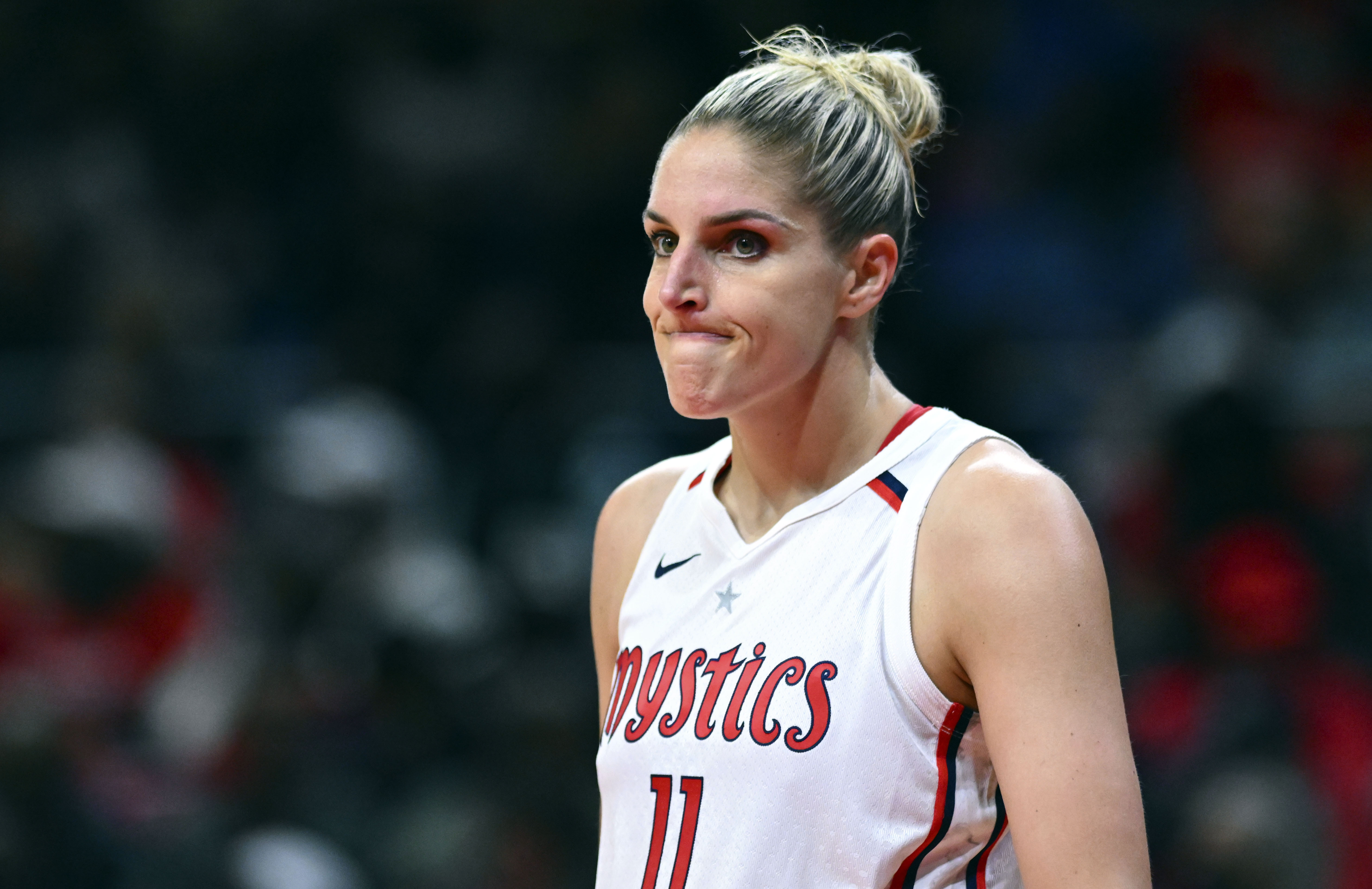 FILE - Washington Mystics' Elena Delle Donne (11) looks on during a break in the action in the first half of a WNBA basketball game against the Indiana Fever, Friday, May 6, 2022, in Washington. The Mystics star, a two-time WNBA MVP, might step away from basketball for an undetermined period of time, according to multiple reports. ESPN, citing anonymous sources, reported Wednesday, Feb. 7, 2024, that Delle Donne does not intend to sign the one-year supermax deal the Mystics have offered her.