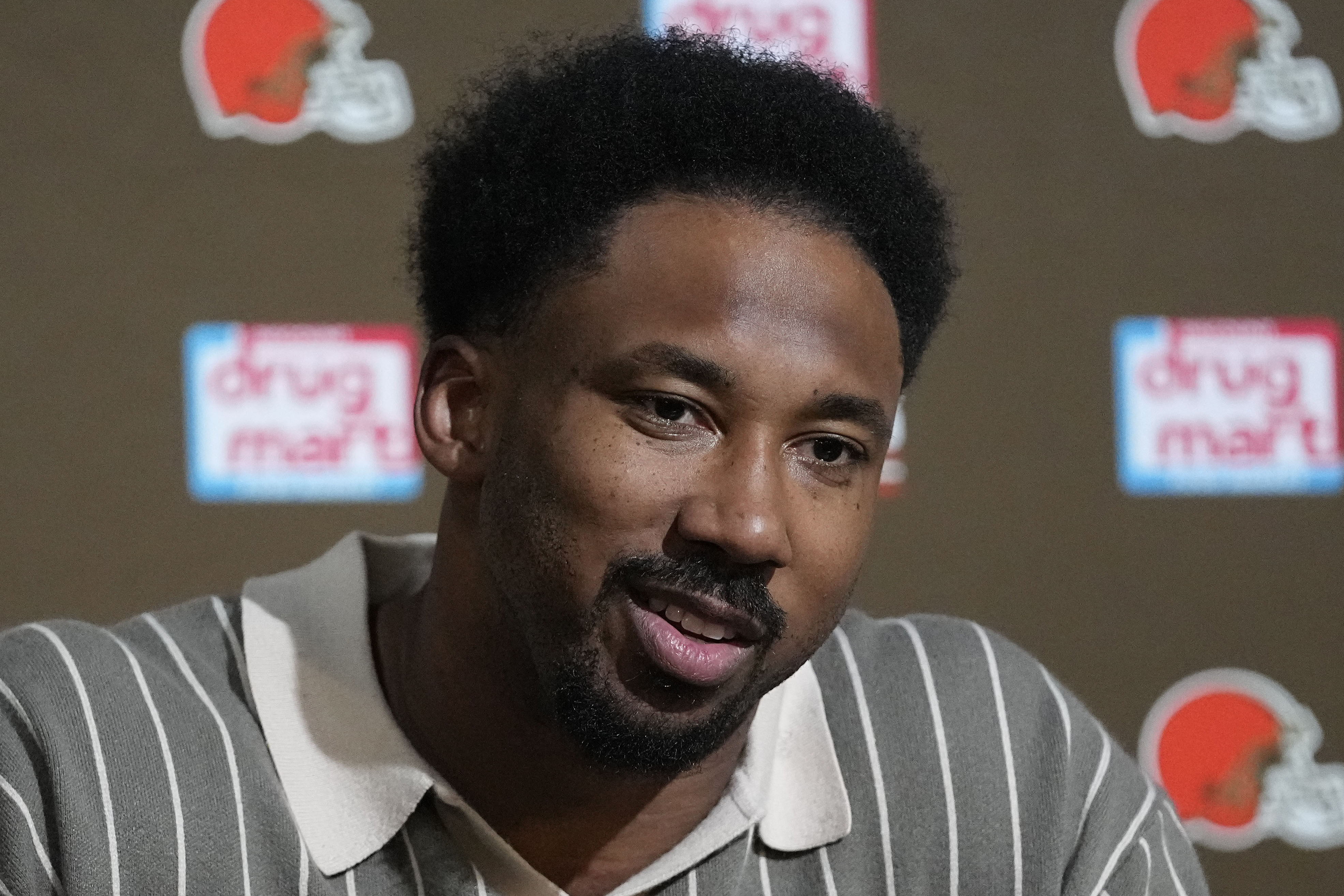 FILE - Cleveland Browns' Myles Garrett speaks during a news conference following an NFL football game against the Chicago Bears, Sunday, Dec. 17, 2023, in Cleveland. Garrett is a finalist for The Associated Press 2023 Defensive Player of the Year. 