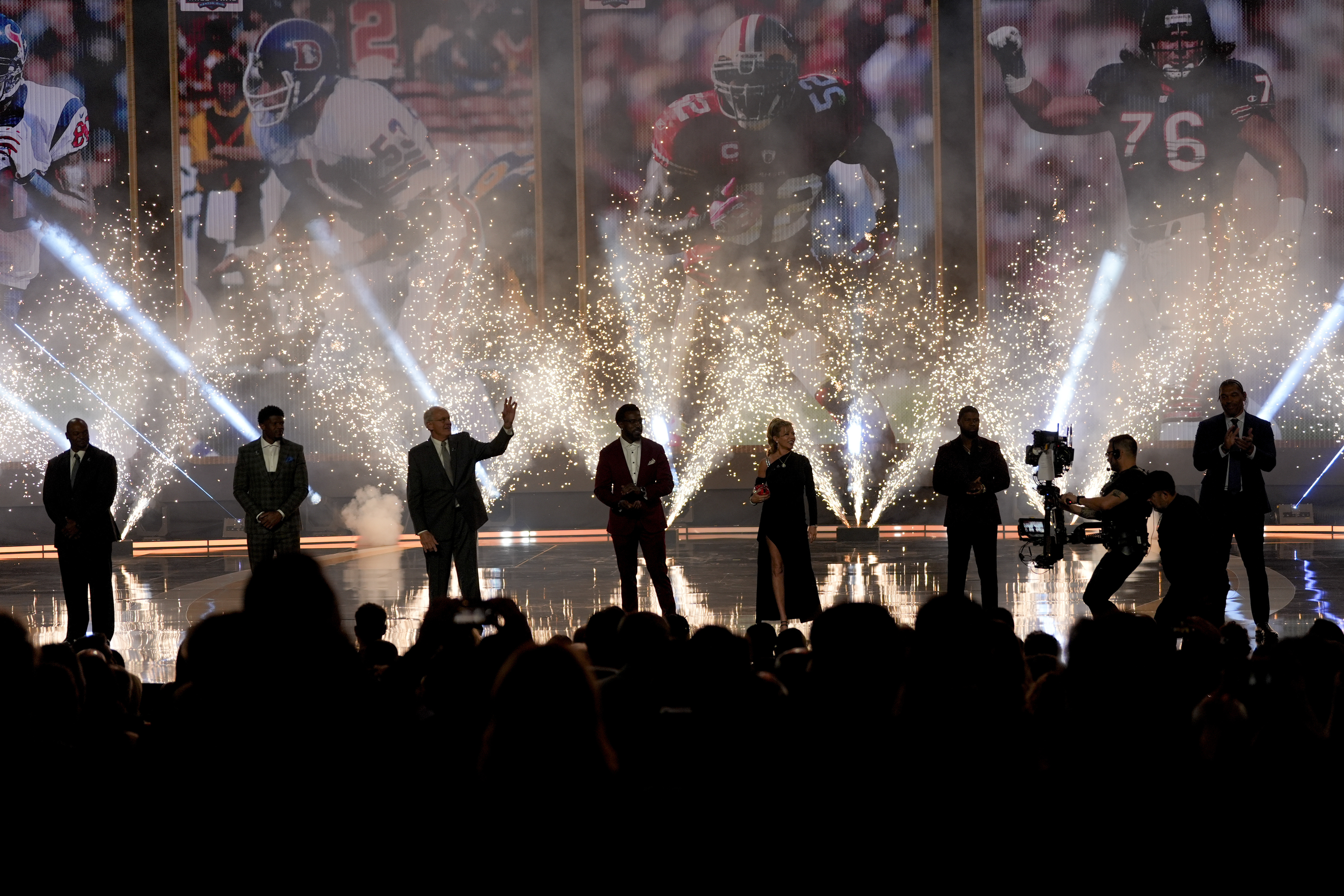 NFL Hall of Fame Class of 2024 arrives on stage during the NFL Honors award show ahead of the Super Bowl 58 football game Thursday, Feb. 8, 2024, in Las Vegas. The San Francisco 49ers face the Kansas City Chiefs in Super Bowl 58 on Sunday. 