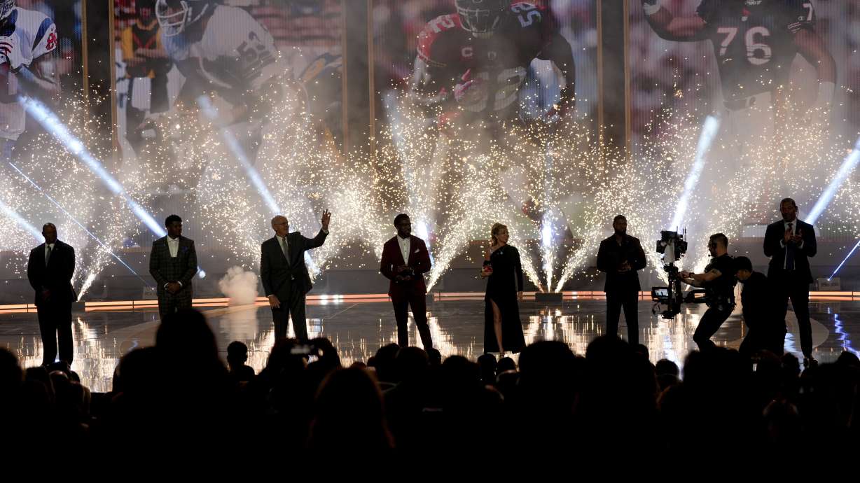 NFL Hall of Fame Class of 2024 arrives on stage during the NFL Honors award show ahead of the Super Bowl 58 football game Thursday, Feb. 8, 2024, in Las Vegas. The San Francisco 49ers face the Kansas City Chiefs in Super Bowl 58 on Sunday.