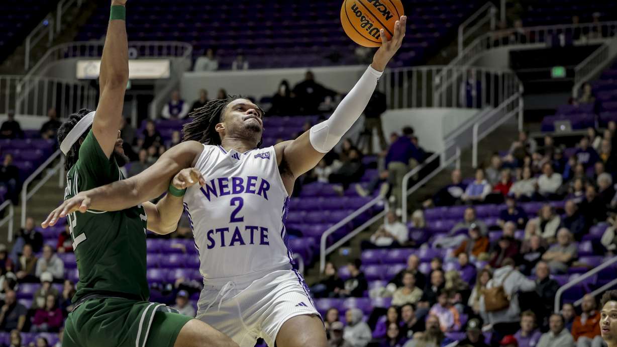 Dillon Jones scores for Weber State against Portland State, Thursday, Feb. 8, 2024 at the Dee Events Center in Ogden, Utah.