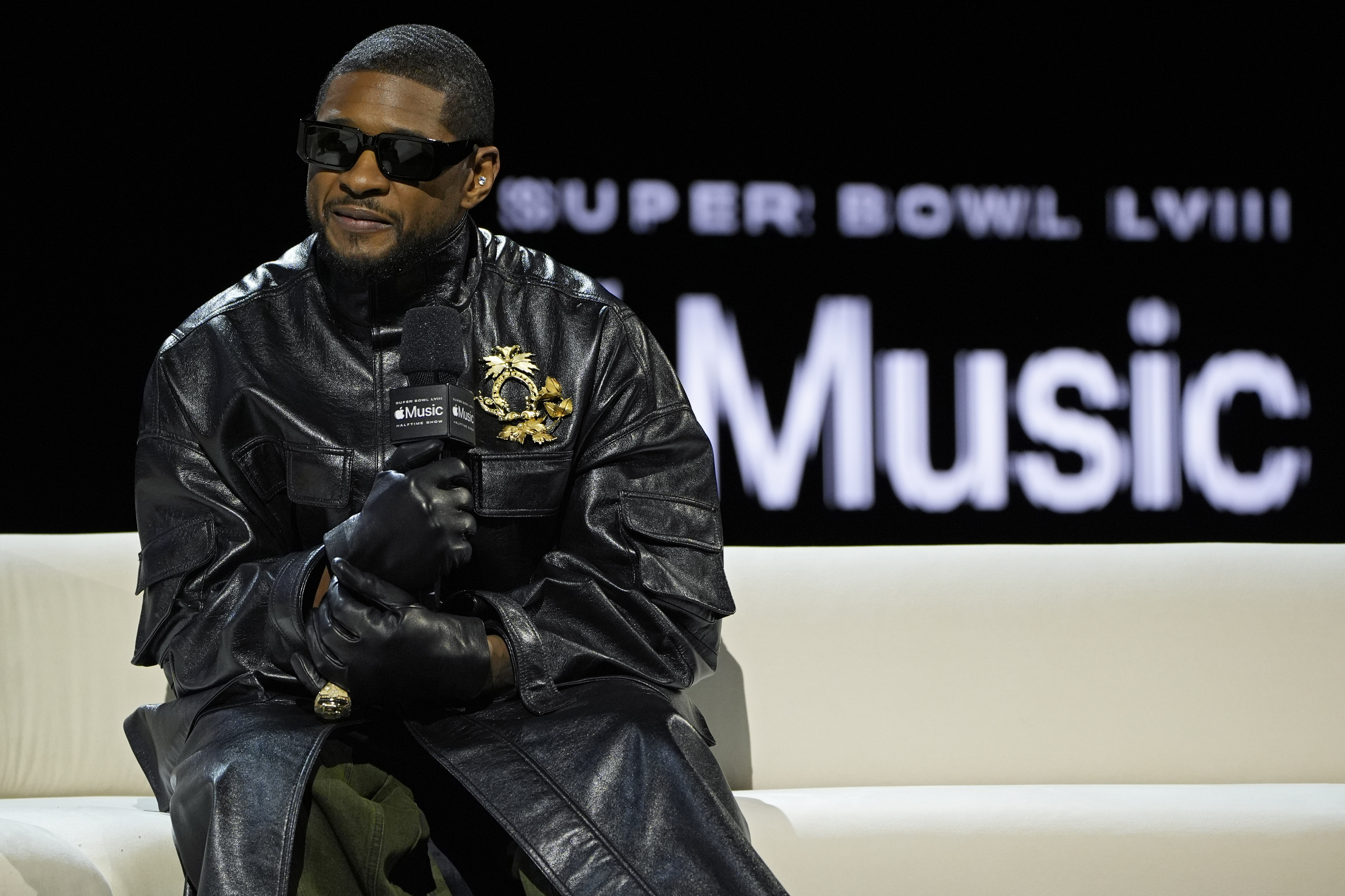 Usher speaks during a news conference ahead of the Super Bowl 58 NFL football game Thursday, Feb. 8, 2024, in Las Vegas. Usher will perform during the Super Bowl halftime show. 
