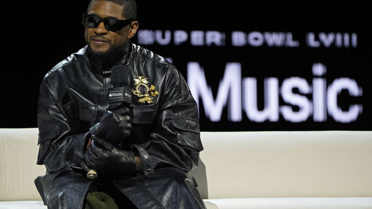 Usher speaks during a news conference ahead of the Super Bowl 58 NFL football game Thursday, Feb. 8, 2024, in Las Vegas. Usher will perform during the Super Bowl halftime show.