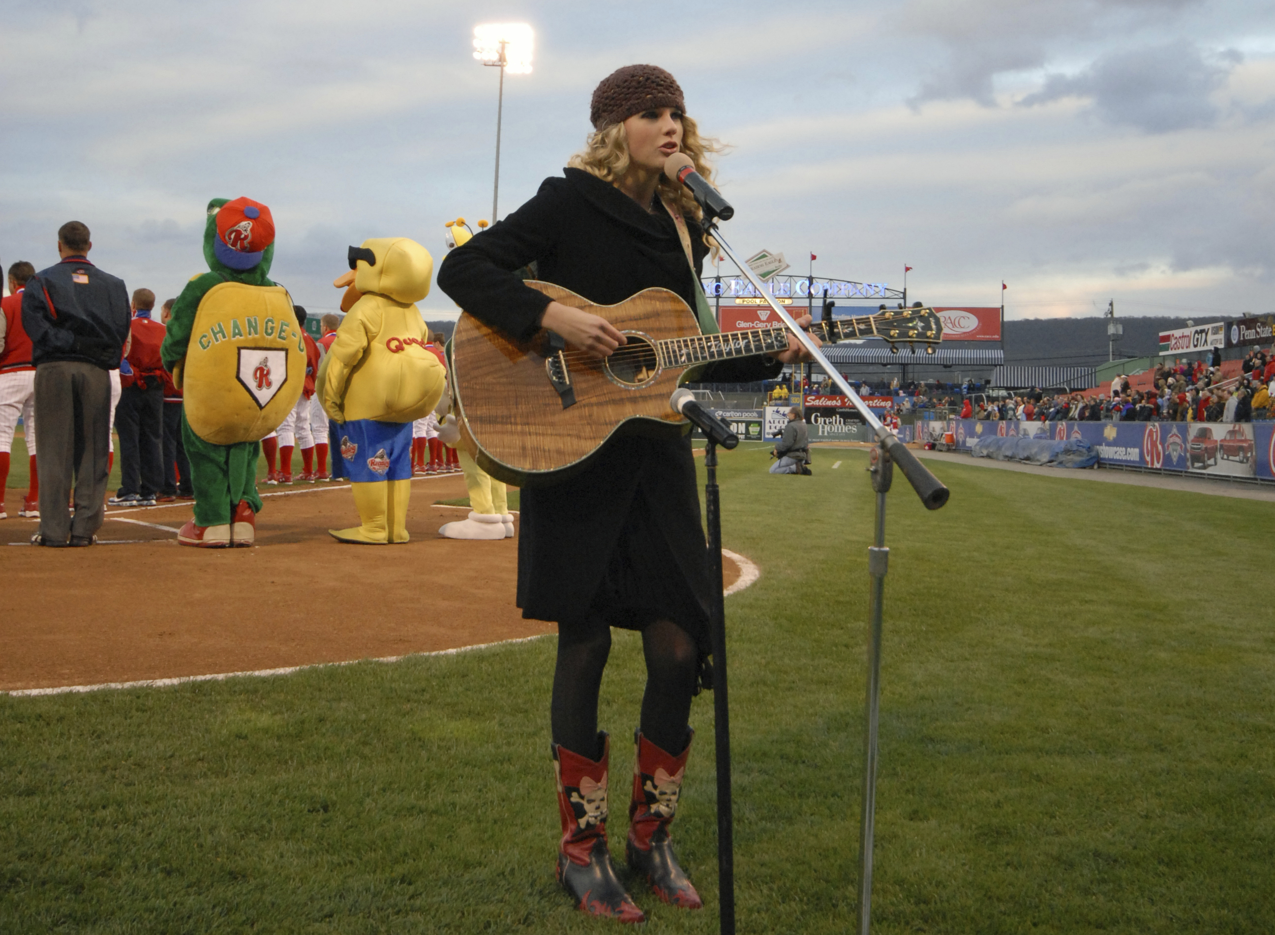 This photo provided by the Reading Fightin Phils shows Taylor Swift singing the national anthem before a Reading Fightin Phils minor league baseball game at First Energy Stadium in Reading, Pa., April 5, 2007. Taylor Swift got her singing career started by performing the national anthem at sporting events as a young child and teenager.